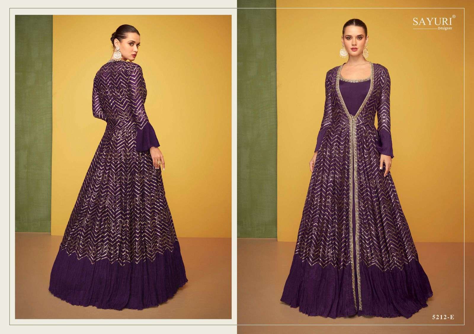 SAYURI DESIGNER PRESENTS PETALS CLASSIC NEW COLOURS READYMADE TRADITIONAL LONG GOWN WITH FANCY LONG SHRUG CATALOG WHOLESALER AND EXPORTER I SURAT