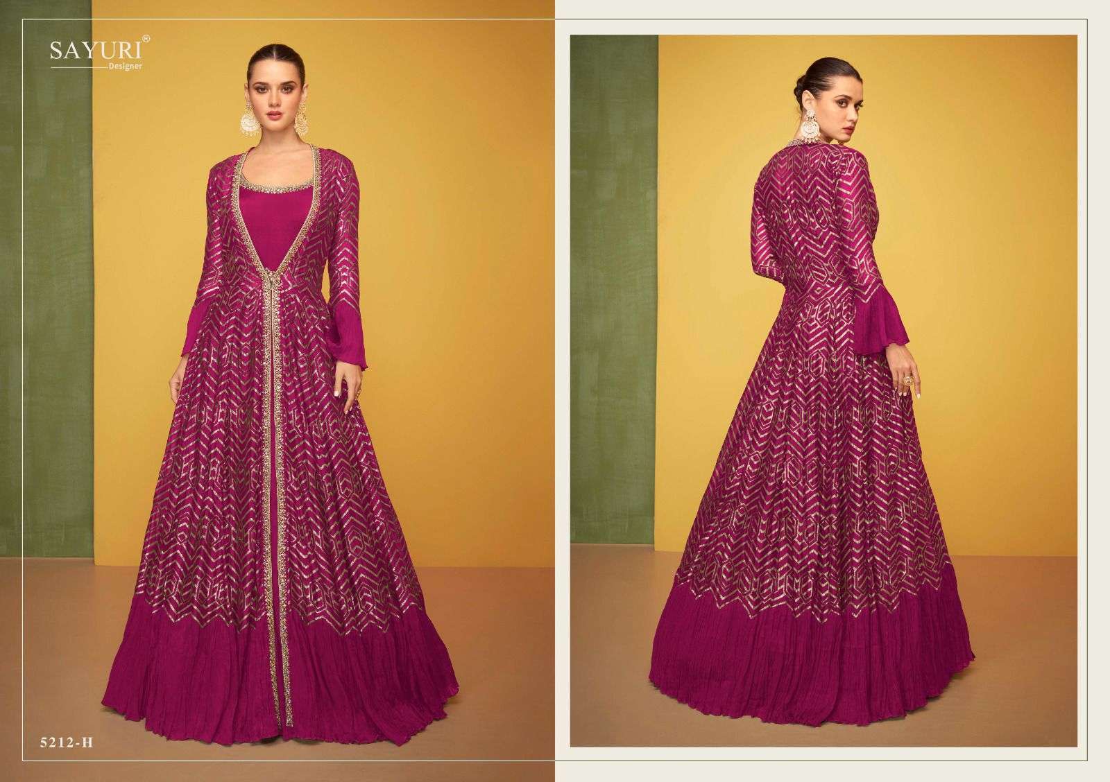 SAYURI DESIGNER PRESENTS PETALS CLASSIC NEW COLOURS READYMADE TRADITIONAL LONG GOWN WITH FANCY LONG SHRUG CATALOG WHOLESALER AND EXPORTER I SURAT