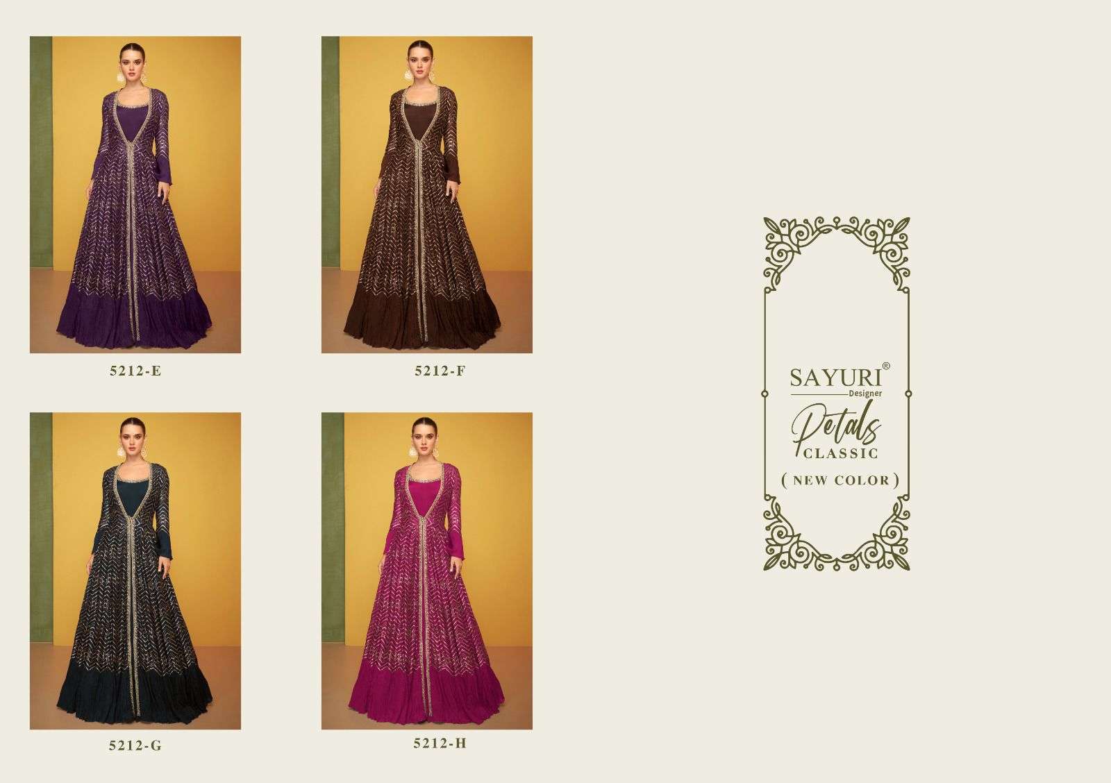 SAYURI DESIGNER PRESENTS PETALS CLASSIC NEW COLOURS READYMADE TRADITIONAL LONG GOWN WITH FANCY LONG SHRUG CATALOG WHOLESALER AND EXPORTER I SURAT