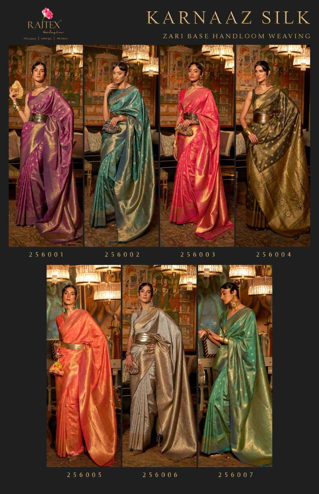 Rajtex Presents Karnaaz Silk 256001 To 256007 Fancy Weaving Festive Collection Saree Catalog Wholesaler and Exporter In Surat