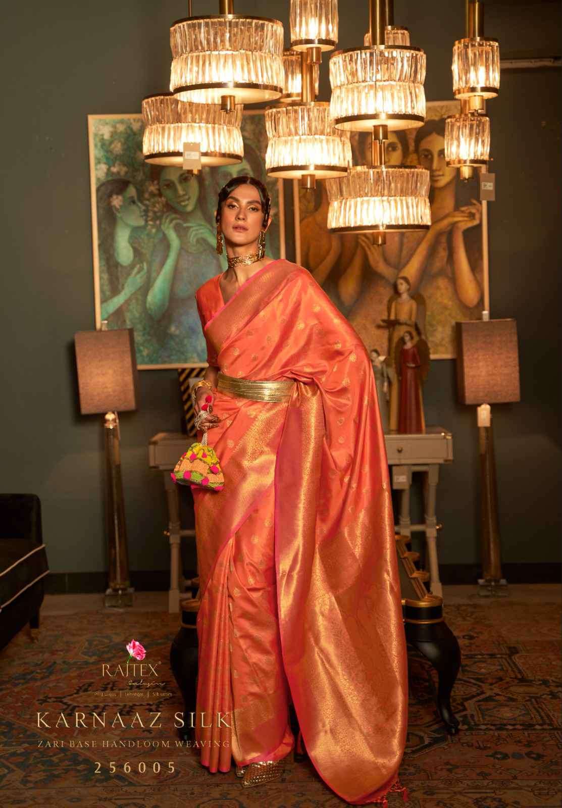 Rajtex Presents Karnaaz Silk 256001 To 256007 Fancy Weaving Festive Collection Saree Catalog Wholesaler and Exporter In Surat