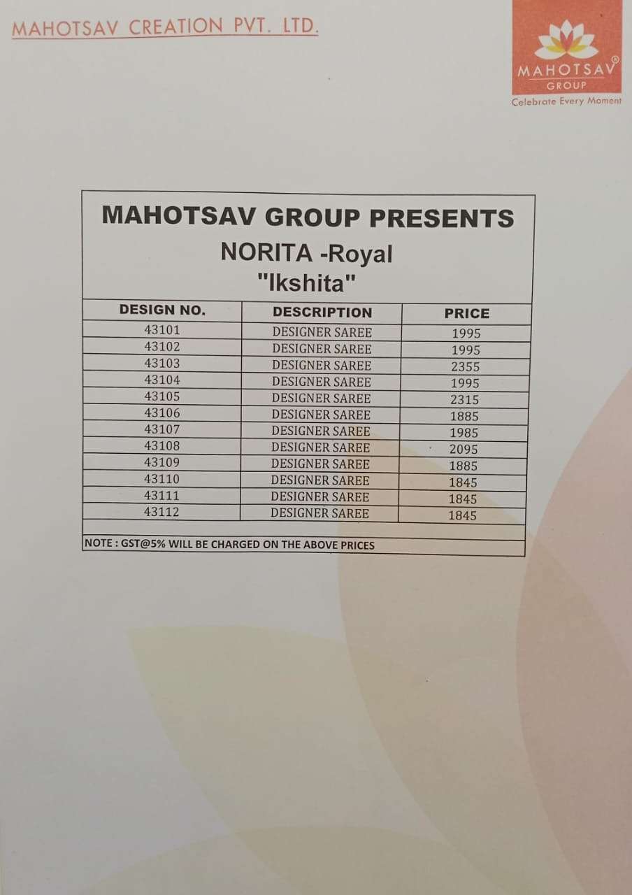 MAHOTSAV PRESENTS NORITA 43100 SERIES IKSHITA FANCY DESIGNER FESTIVE WEAR SAREE CATALOG WHOLESALER AND EXPORTER IN SURAT 