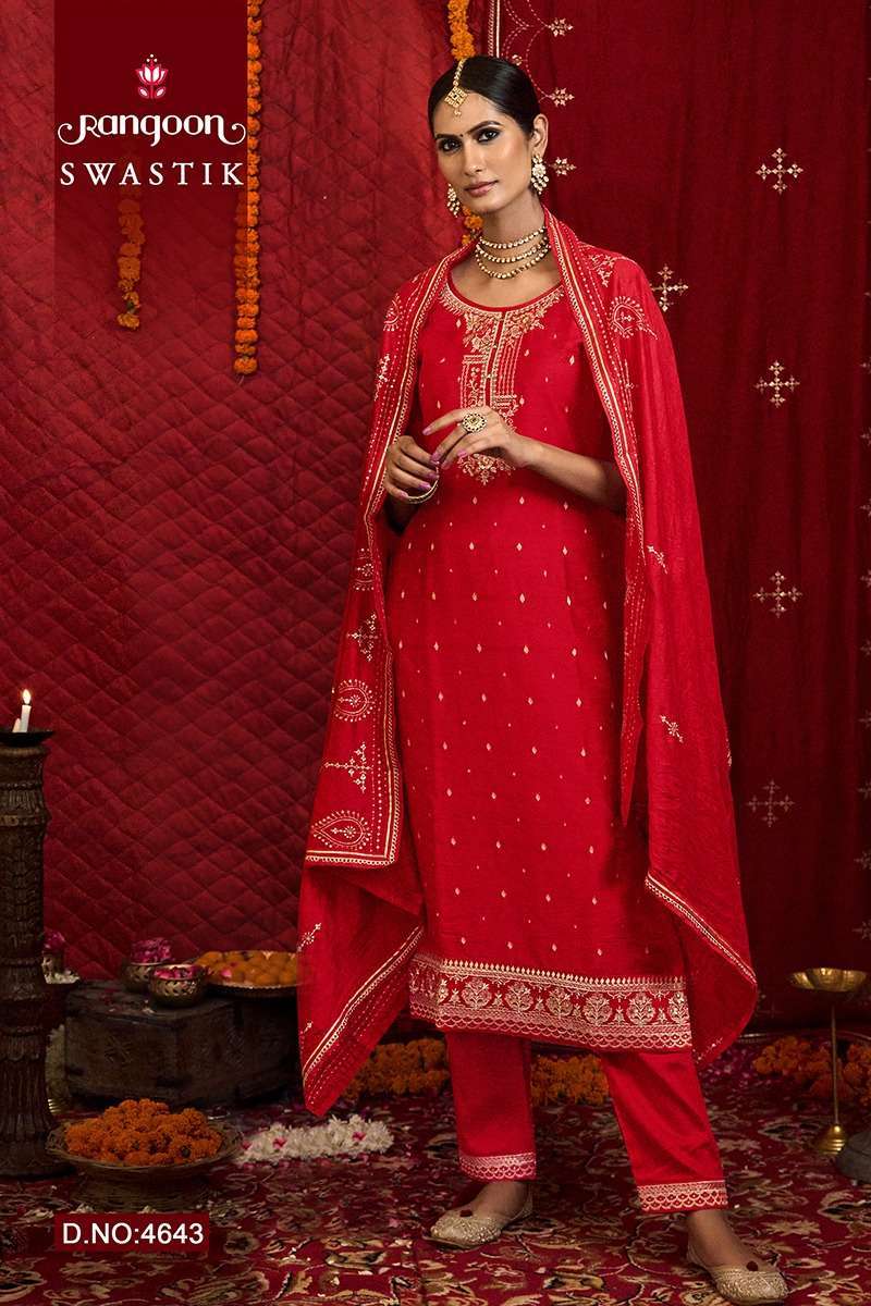 RANGOON PRESENT SWASTIK FESTIVE WEAR READYMADE SALWAR SUITS CATALOG WHOLESALER AND EXPORTER IN SURAT