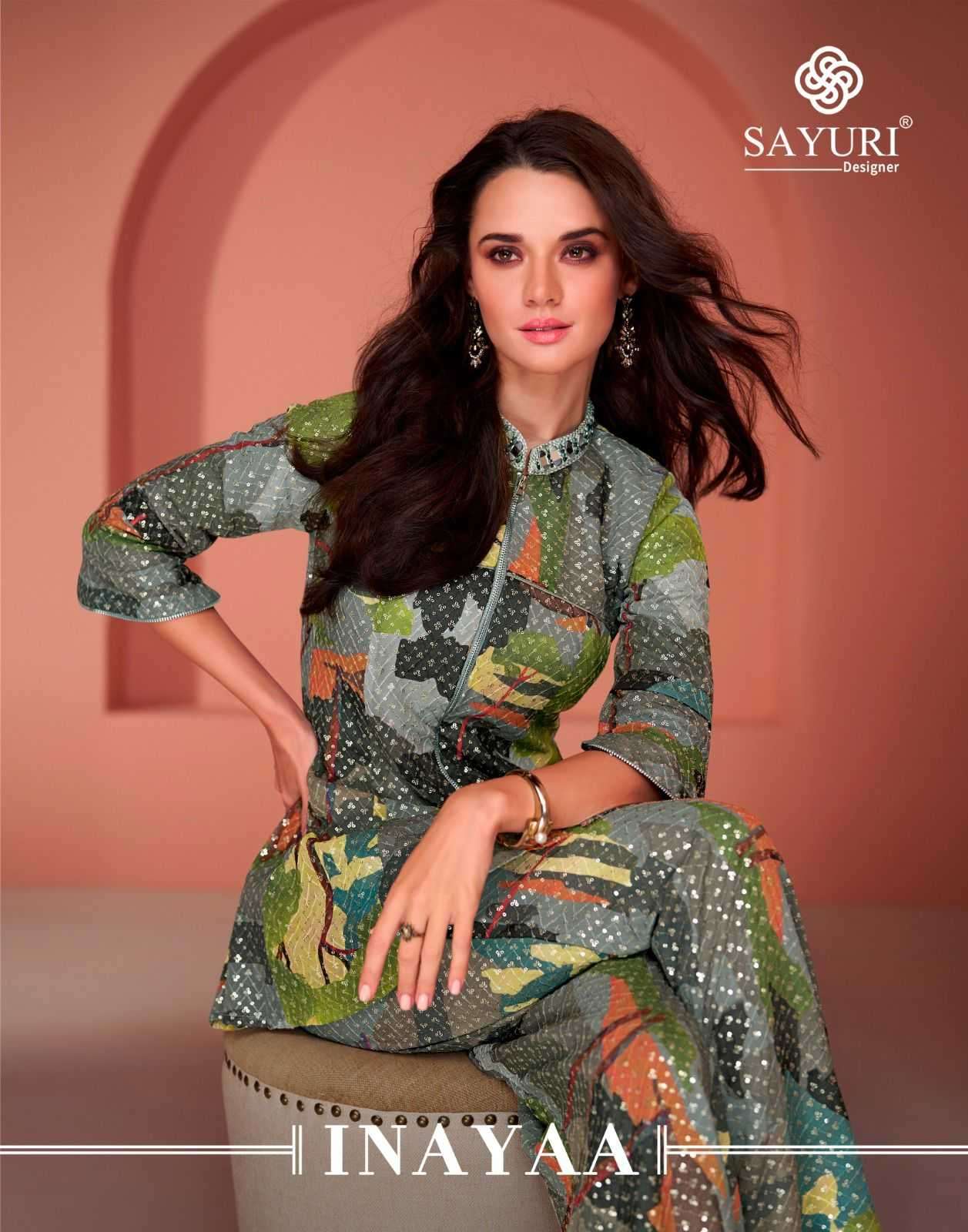 SAYURI PRESEBNTS INAYAA WESTERN LOOK COTTON SILK GEORGETTE TOP WITH PLAZZO PANT PAIR CATALOG WHOLESALER AND EXPORTER IN SURAT