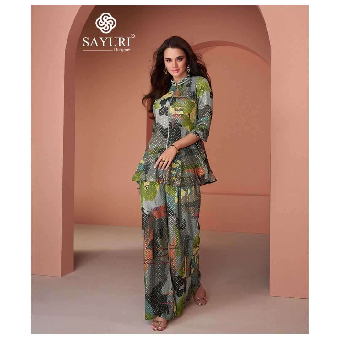 SAYURI PRESEBNTS INAYAA WESTERN LOOK COTTON SILK GEORGETTE TOP WITH PLAZZO PANT PAIR CATALOG WHOLESALER AND EXPORTER IN SURAT