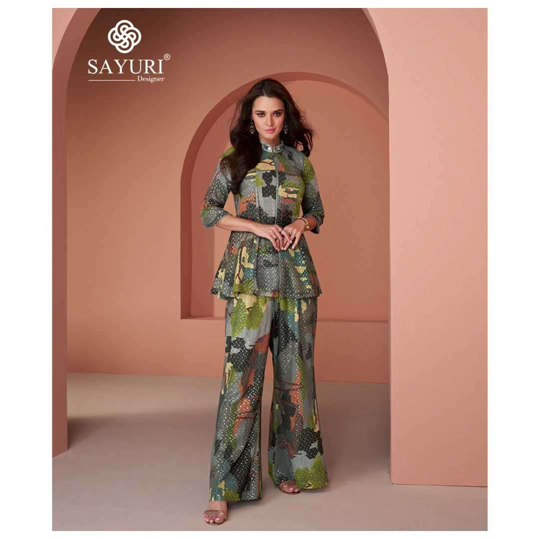 SAYURI PRESEBNTS INAYAA WESTERN LOOK COTTON SILK GEORGETTE TOP WITH PLAZZO PANT PAIR CATALOG WHOLESALER AND EXPORTER IN SURAT