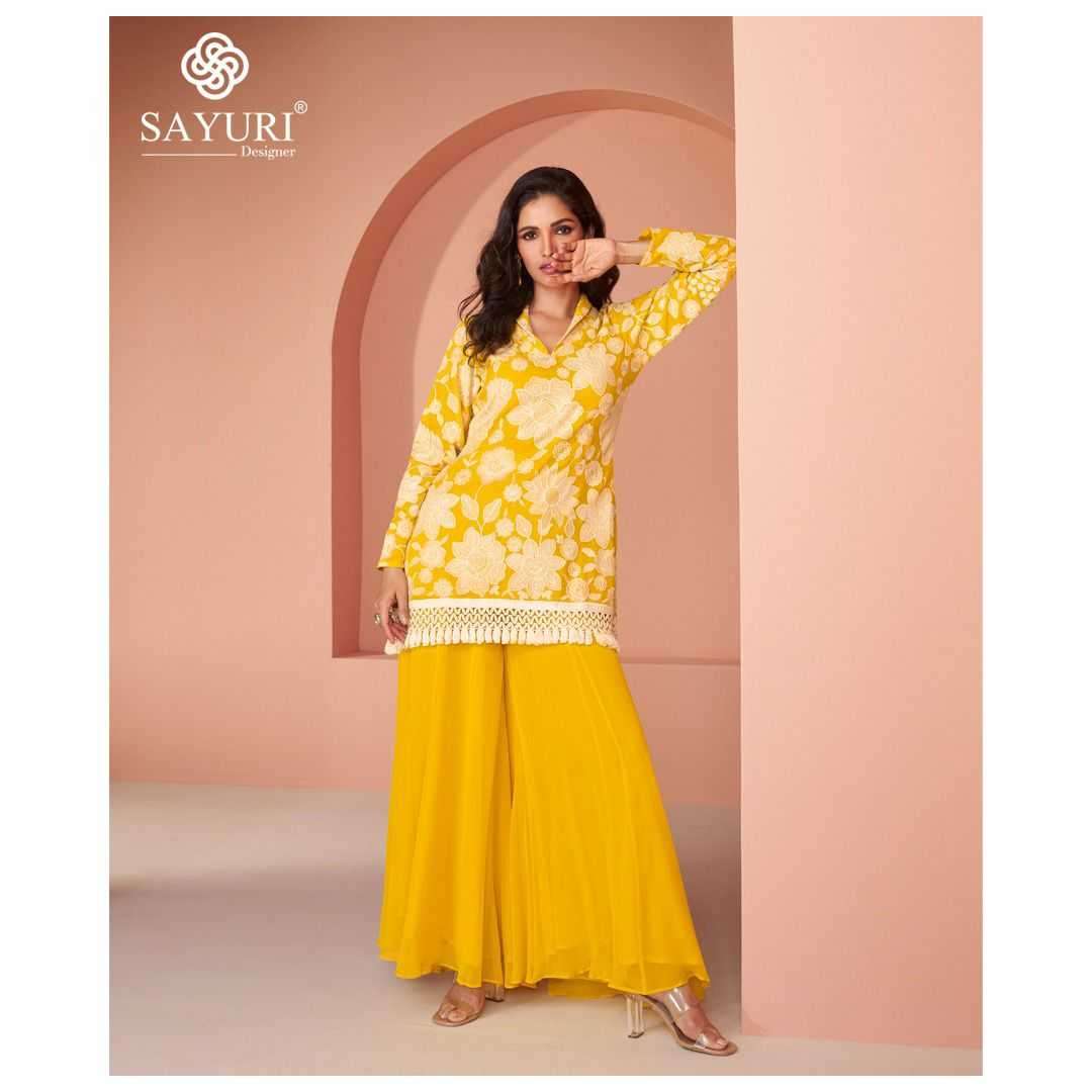 SAYURI PRESEBNTS INAYAA WESTERN LOOK COTTON SILK GEORGETTE TOP WITH PLAZZO PANT PAIR CATALOG WHOLESALER AND EXPORTER IN SURAT