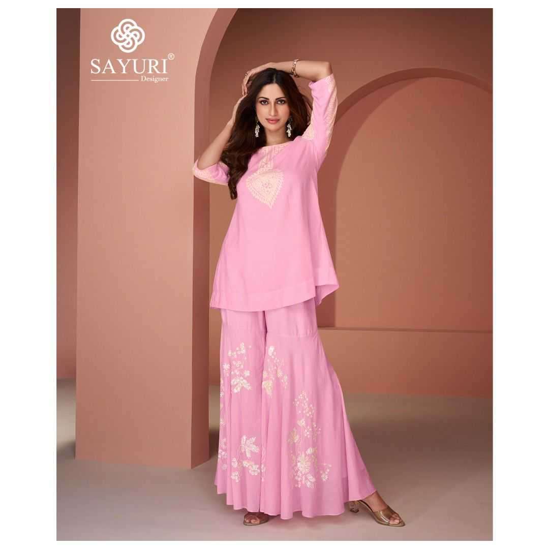 SAYURI PRESEBNTS INAYAA WESTERN LOOK COTTON SILK GEORGETTE TOP WITH PLAZZO PANT PAIR CATALOG WHOLESALER AND EXPORTER IN SURAT
