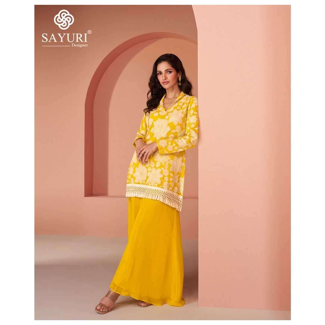 SAYURI PRESEBNTS INAYAA WESTERN LOOK COTTON SILK GEORGETTE TOP WITH PLAZZO PANT PAIR CATALOG WHOLESALER AND EXPORTER IN SURAT
