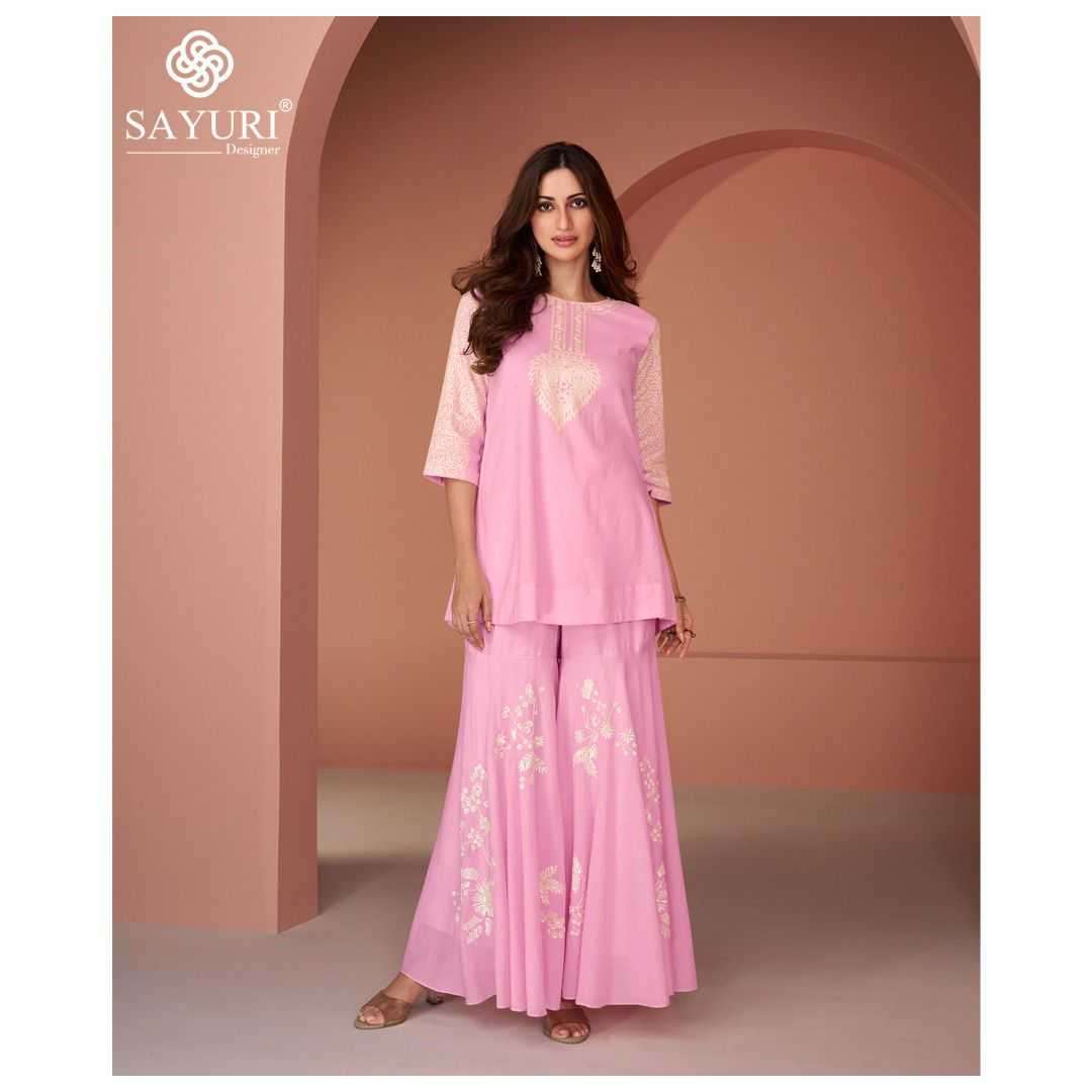 SAYURI PRESEBNTS INAYAA WESTERN LOOK COTTON SILK GEORGETTE TOP WITH PLAZZO PANT PAIR CATALOG WHOLESALER AND EXPORTER IN SURAT