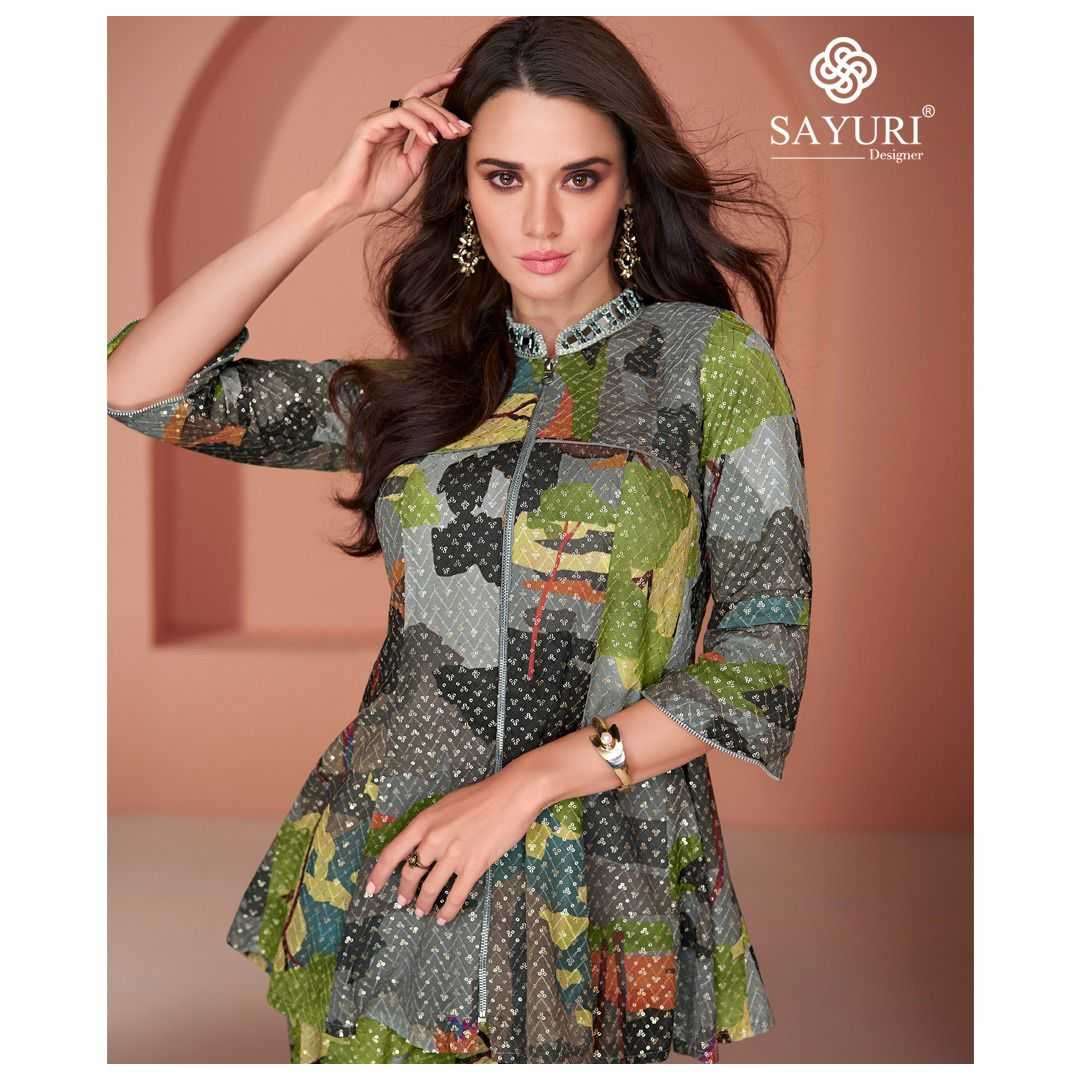 SAYURI PRESEBNTS INAYAA WESTERN LOOK COTTON SILK GEORGETTE TOP WITH PLAZZO PANT PAIR CATALOG WHOLESALER AND EXPORTER IN SURAT