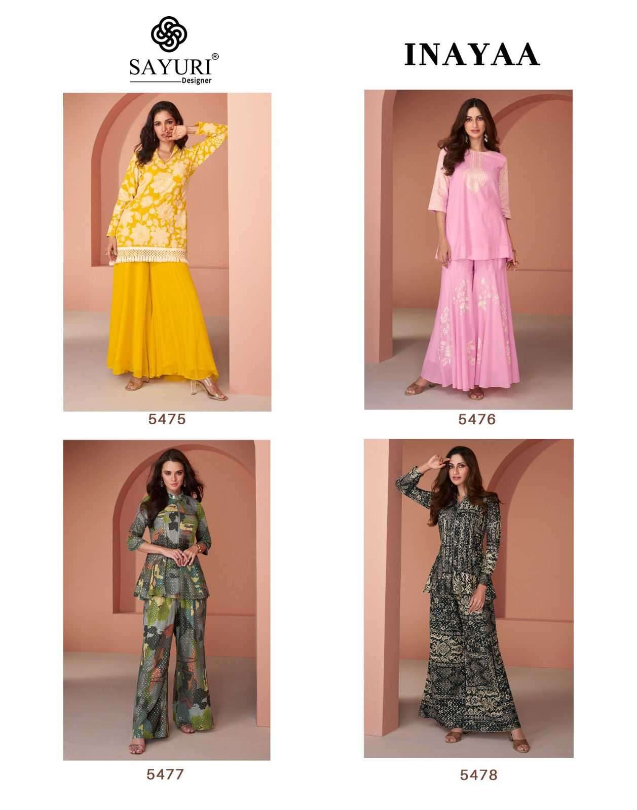 SAYURI PRESEBNTS INAYAA WESTERN LOOK COTTON SILK GEORGETTE TOP WITH PLAZZO PANT PAIR CATALOG WHOLESALER AND EXPORTER IN SURAT