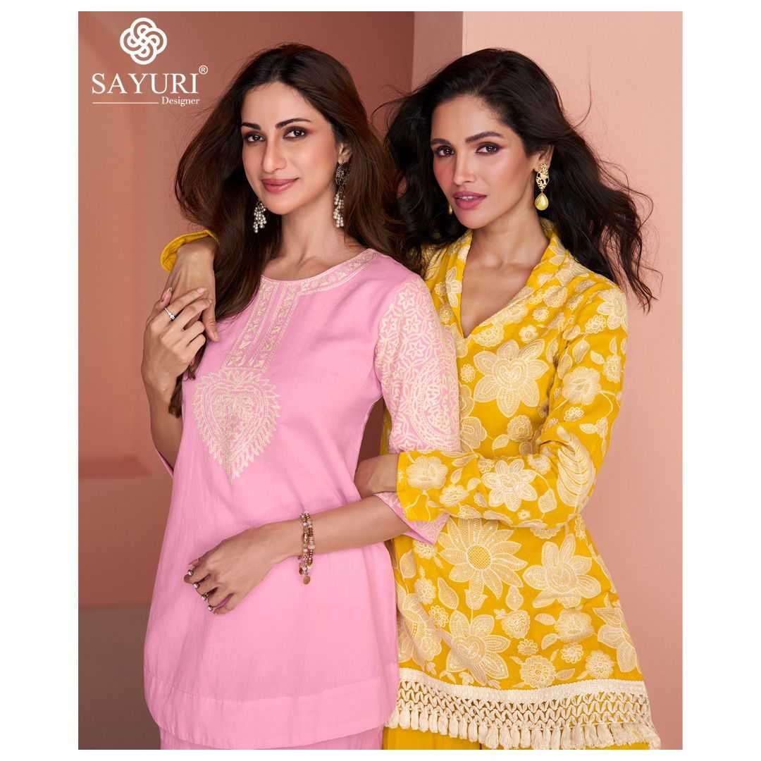 SAYURI PRESEBNTS INAYAA WESTERN LOOK COTTON SILK GEORGETTE TOP WITH PLAZZO PANT PAIR CATALOG WHOLESALER AND EXPORTER IN SURAT