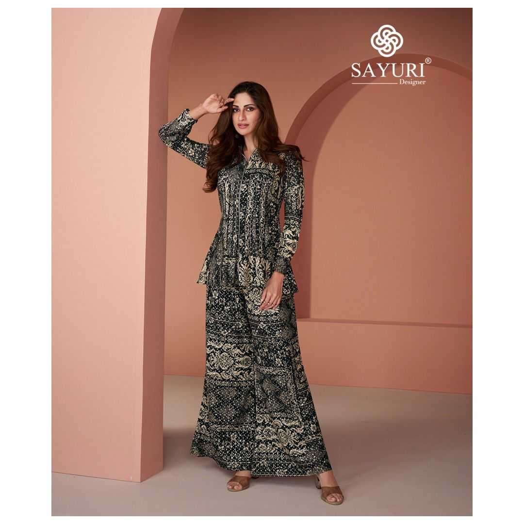 SAYURI PRESEBNTS INAYAA WESTERN LOOK COTTON SILK GEORGETTE TOP WITH PLAZZO PANT PAIR CATALOG WHOLESALER AND EXPORTER IN SURAT