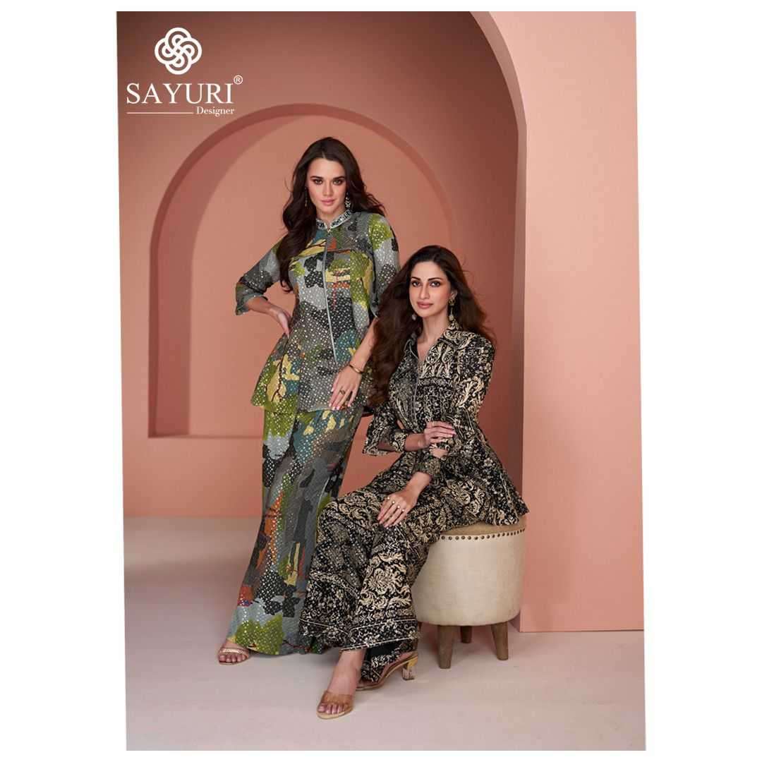 SAYURI PRESEBNTS INAYAA WESTERN LOOK COTTON SILK GEORGETTE TOP WITH PLAZZO PANT PAIR CATALOG WHOLESALER AND EXPORTER IN SURAT