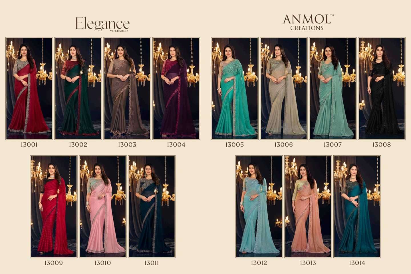 ANMOL CREATION PRESENTS  ELEGANCE VOL-18 13001-13014 WEDDING SAREES CATALOG WHOLESALE EXPORTER 