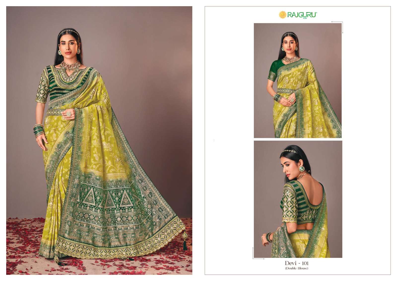 RAJGURU PRESENTS DEVI DESIGNER FANCY SAREES WITH DOUBLE BLOUSE CATALOG WHOLESALER AND EXPORTER IN SURAT 