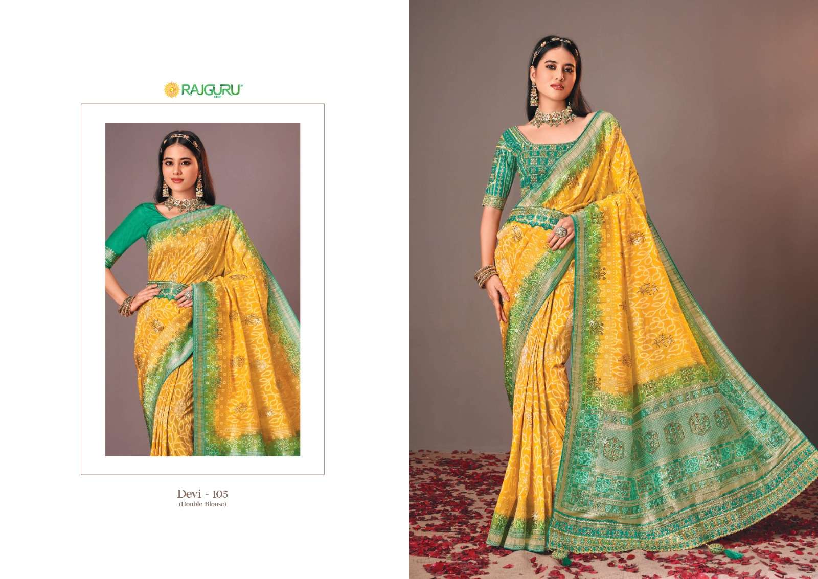RAJGURU PRESENTS DEVI DESIGNER FANCY SAREES WITH DOUBLE BLOUSE CATALOG WHOLESALER AND EXPORTER IN SURAT 