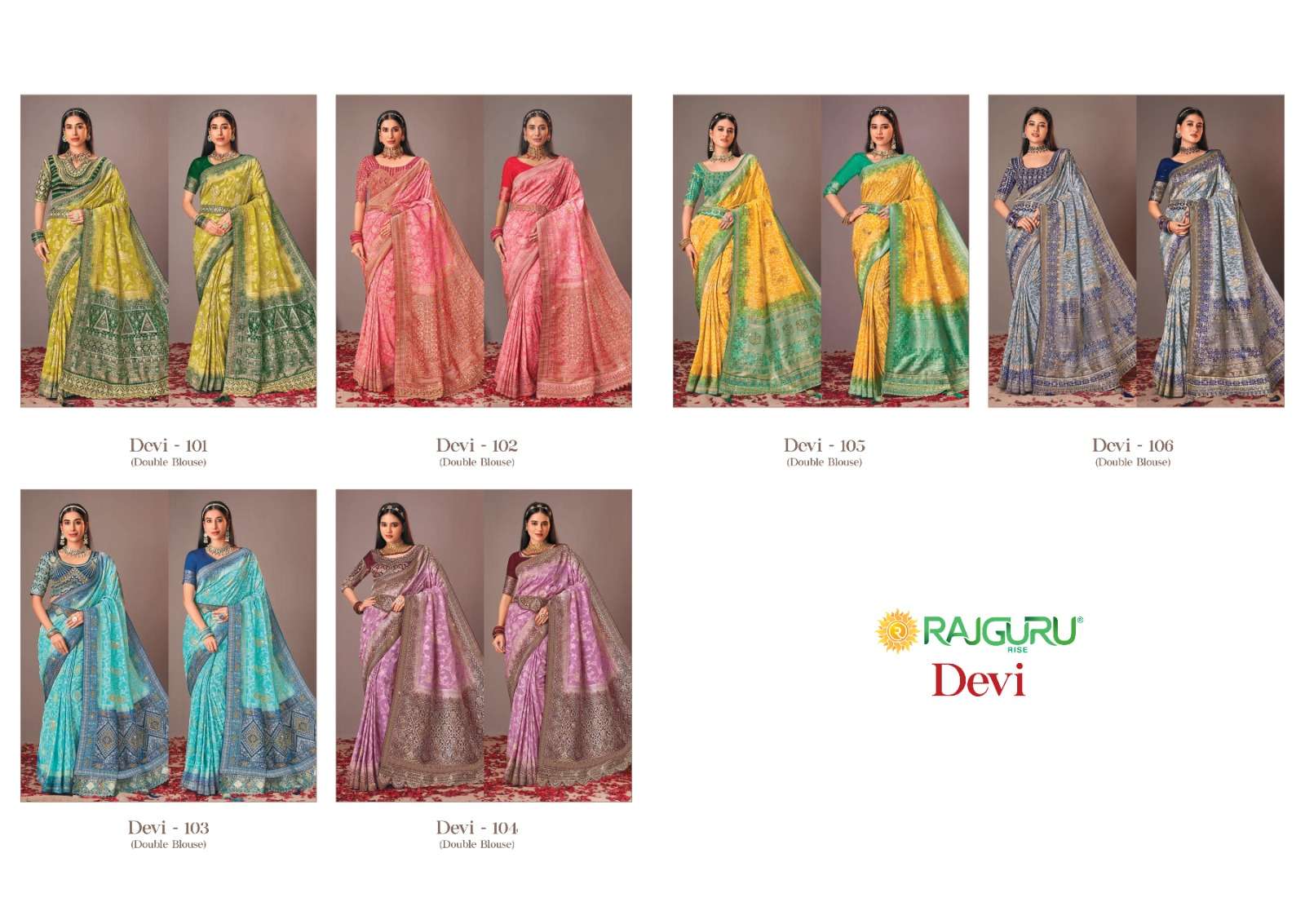 RAJGURU PRESENTS DEVI DESIGNER FANCY SAREES WITH DOUBLE BLOUSE CATALOG WHOLESALER AND EXPORTER IN SURAT 