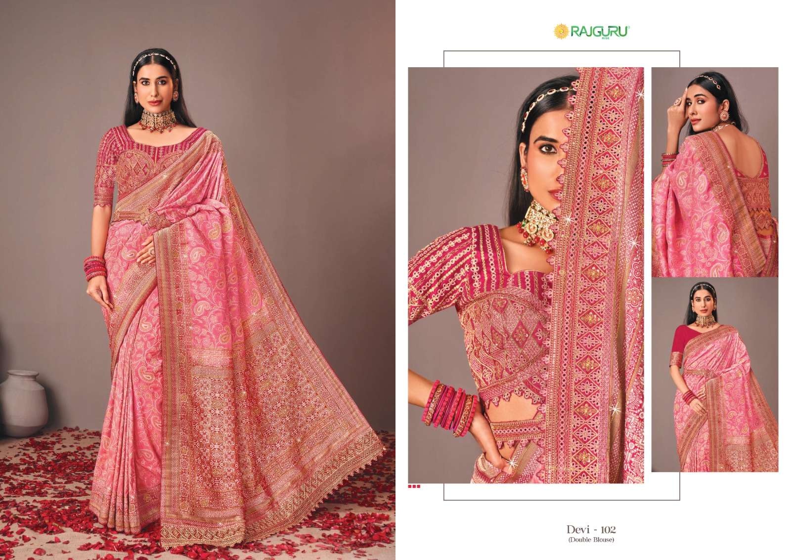 RAJGURU PRESENTS DEVI DESIGNER FANCY SAREES WITH DOUBLE BLOUSE CATALOG WHOLESALER AND EXPORTER IN SURAT 