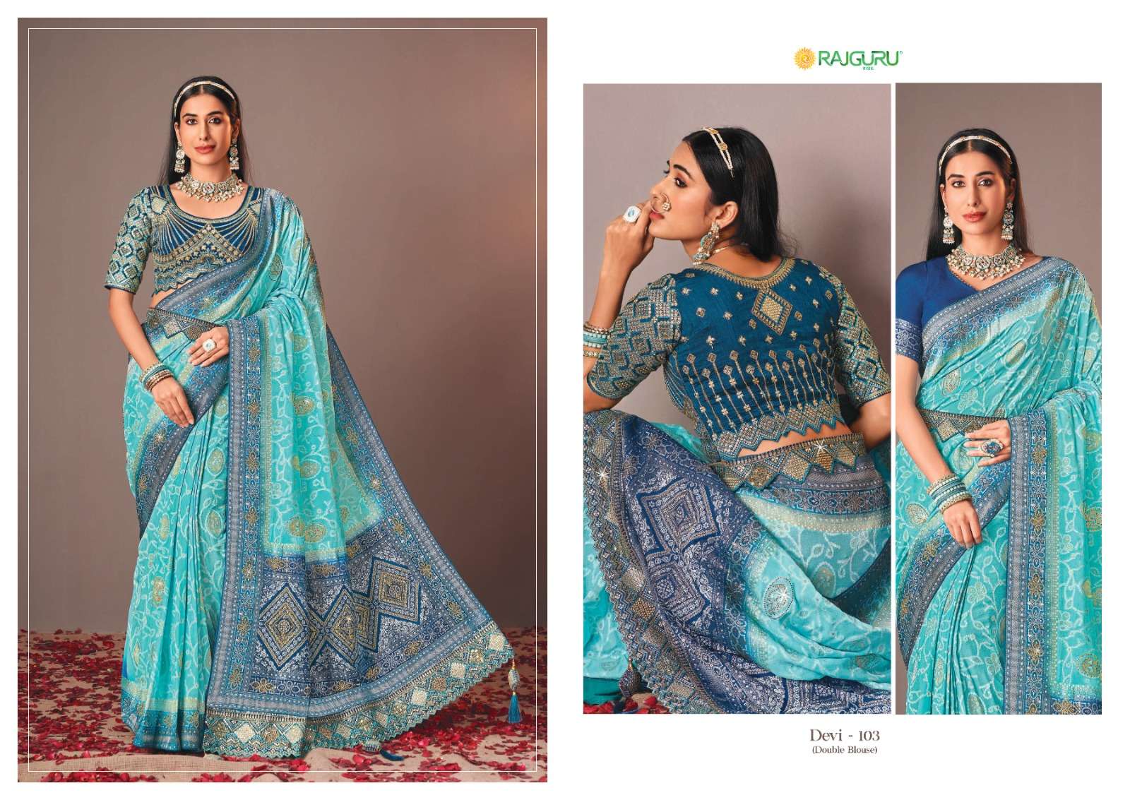 RAJGURU PRESENTS DEVI DESIGNER FANCY SAREES WITH DOUBLE BLOUSE CATALOG WHOLESALER AND EXPORTER IN SURAT 