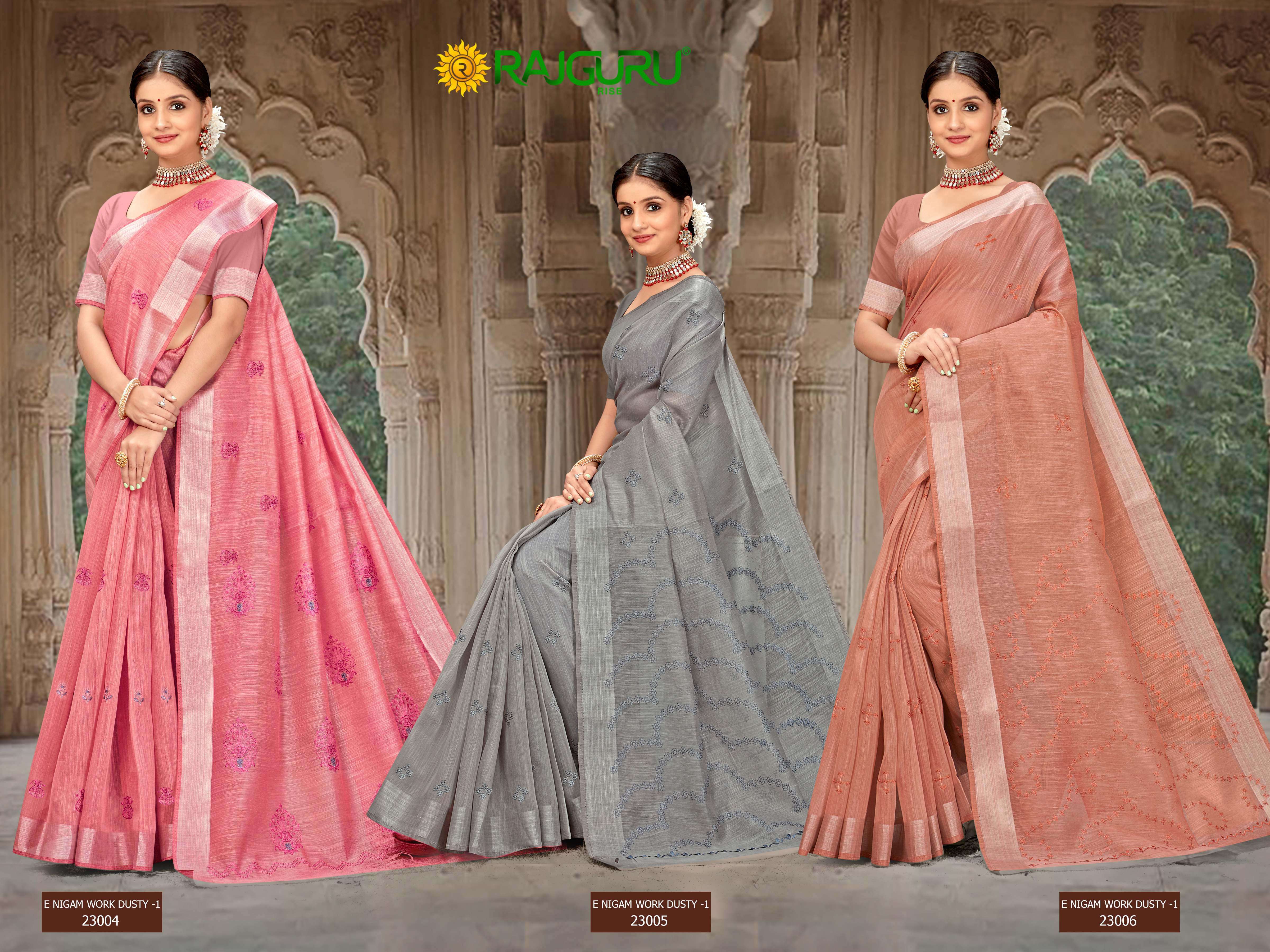 RAJGURU  PRESENTS E-NISAM WORK DUSTY-1 FUNCTION WEAR FANCY WORK SAREES CATALOG WHOLESALER AND EXPORTER IN SURAT 