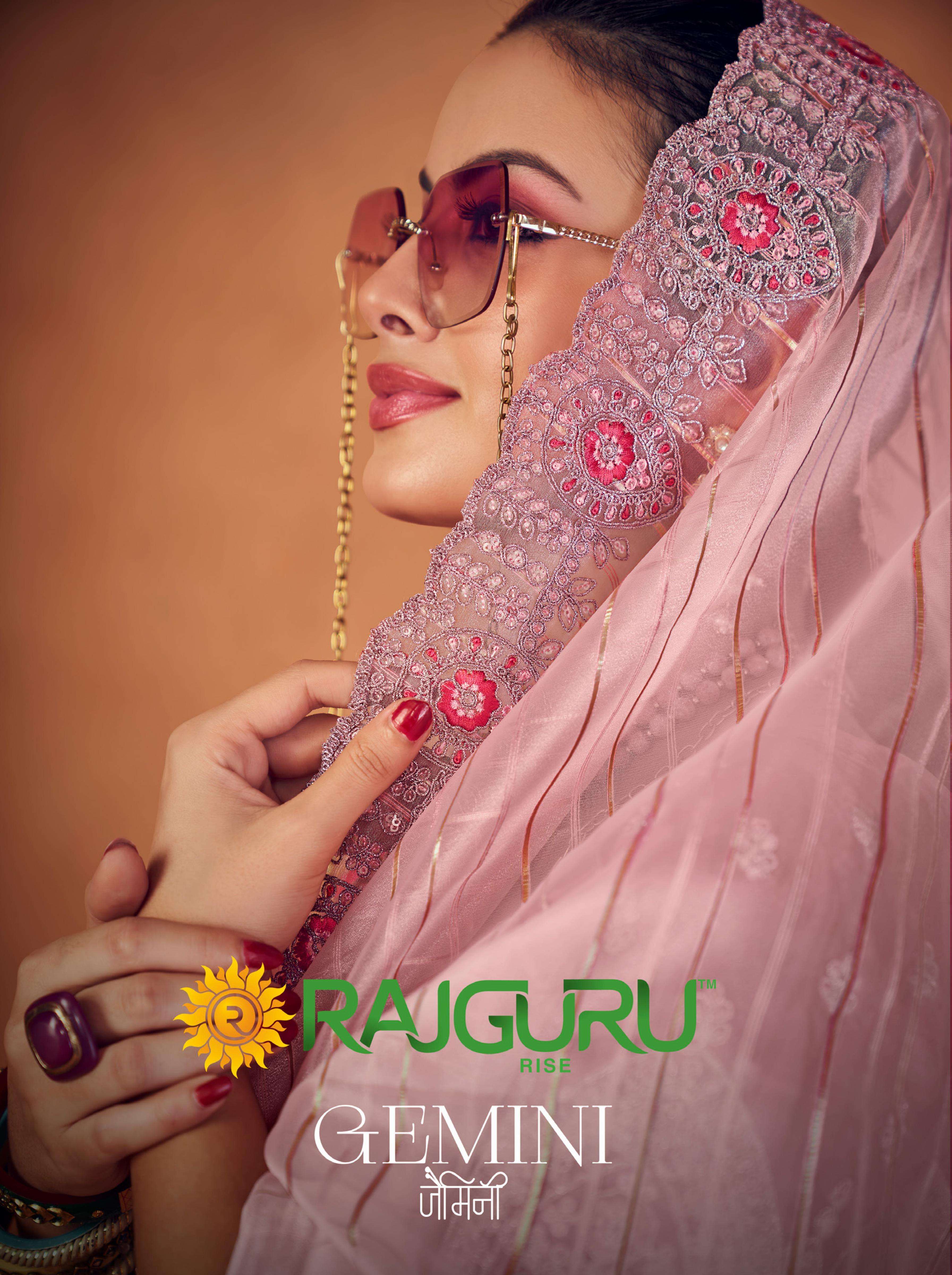 RAJGURU  PRESENTS GEMINI SEQUENCE FUNCTION WEAR FANCY WORK SAREES CATALOG WHOLESALER AND EXPORTER IN SURAT 
