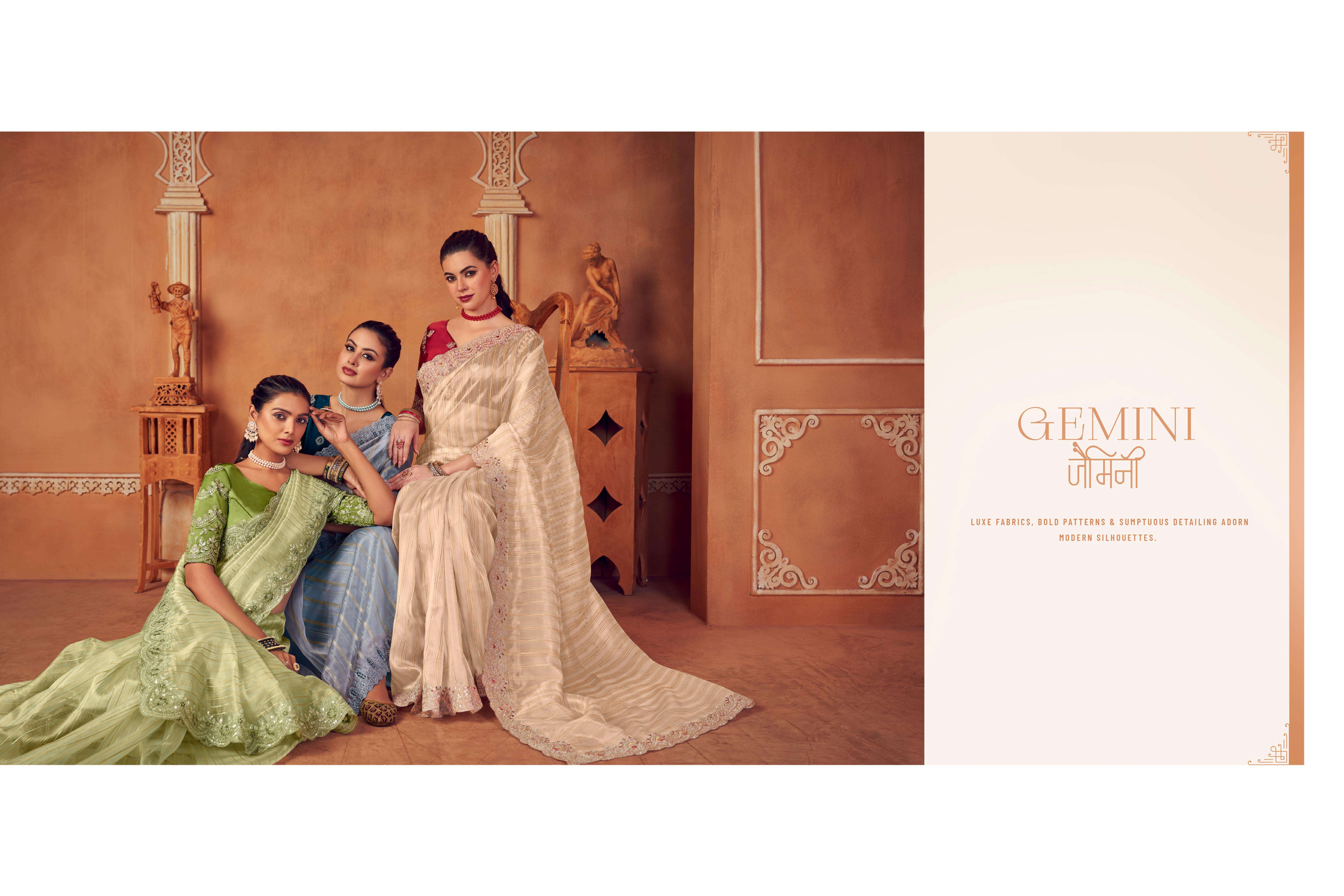RAJGURU  PRESENTS GEMINI SEQUENCE FUNCTION WEAR FANCY WORK SAREES CATALOG WHOLESALER AND EXPORTER IN SURAT 