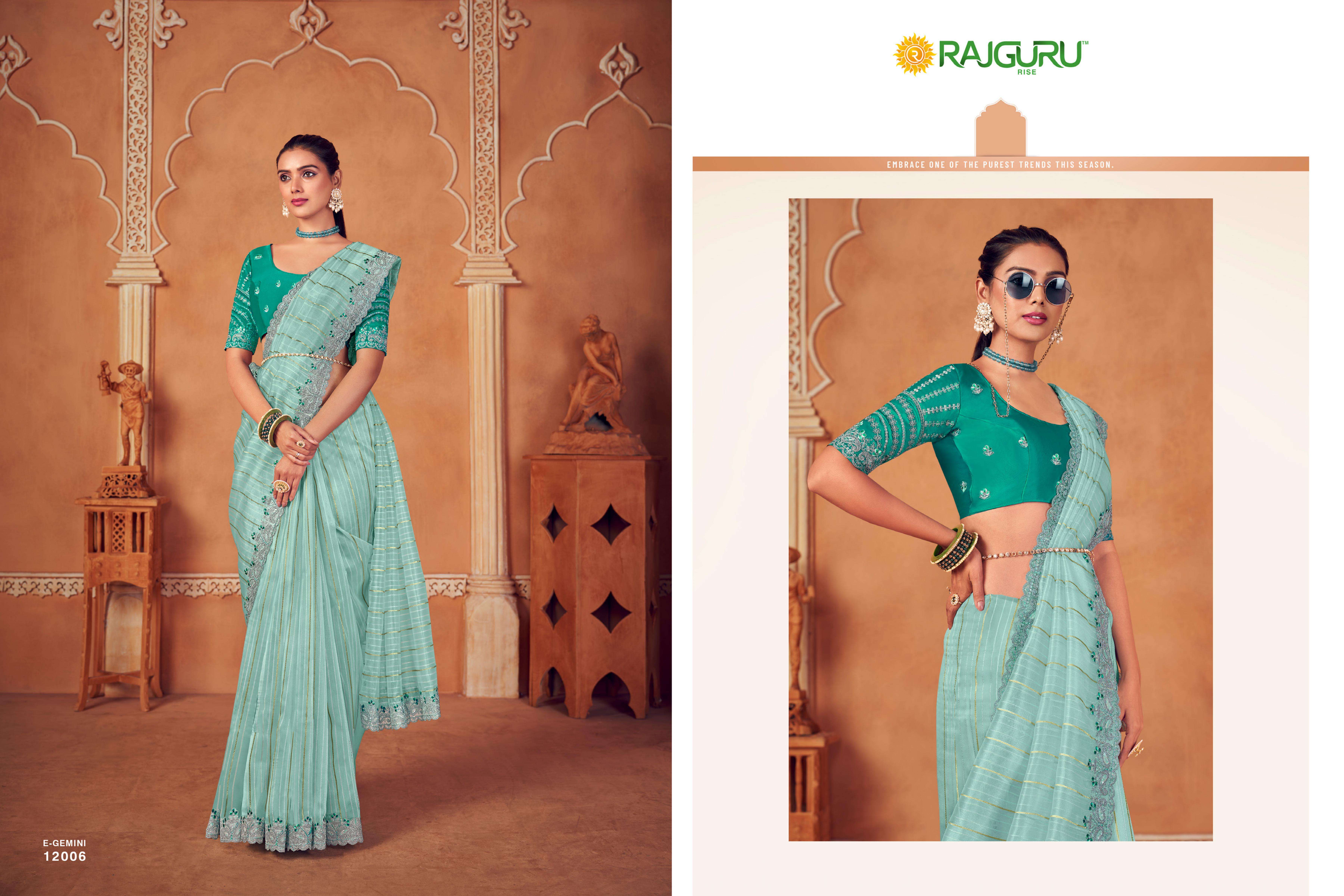 RAJGURU  PRESENTS GEMINI SEQUENCE FUNCTION WEAR FANCY WORK SAREES CATALOG WHOLESALER AND EXPORTER IN SURAT 