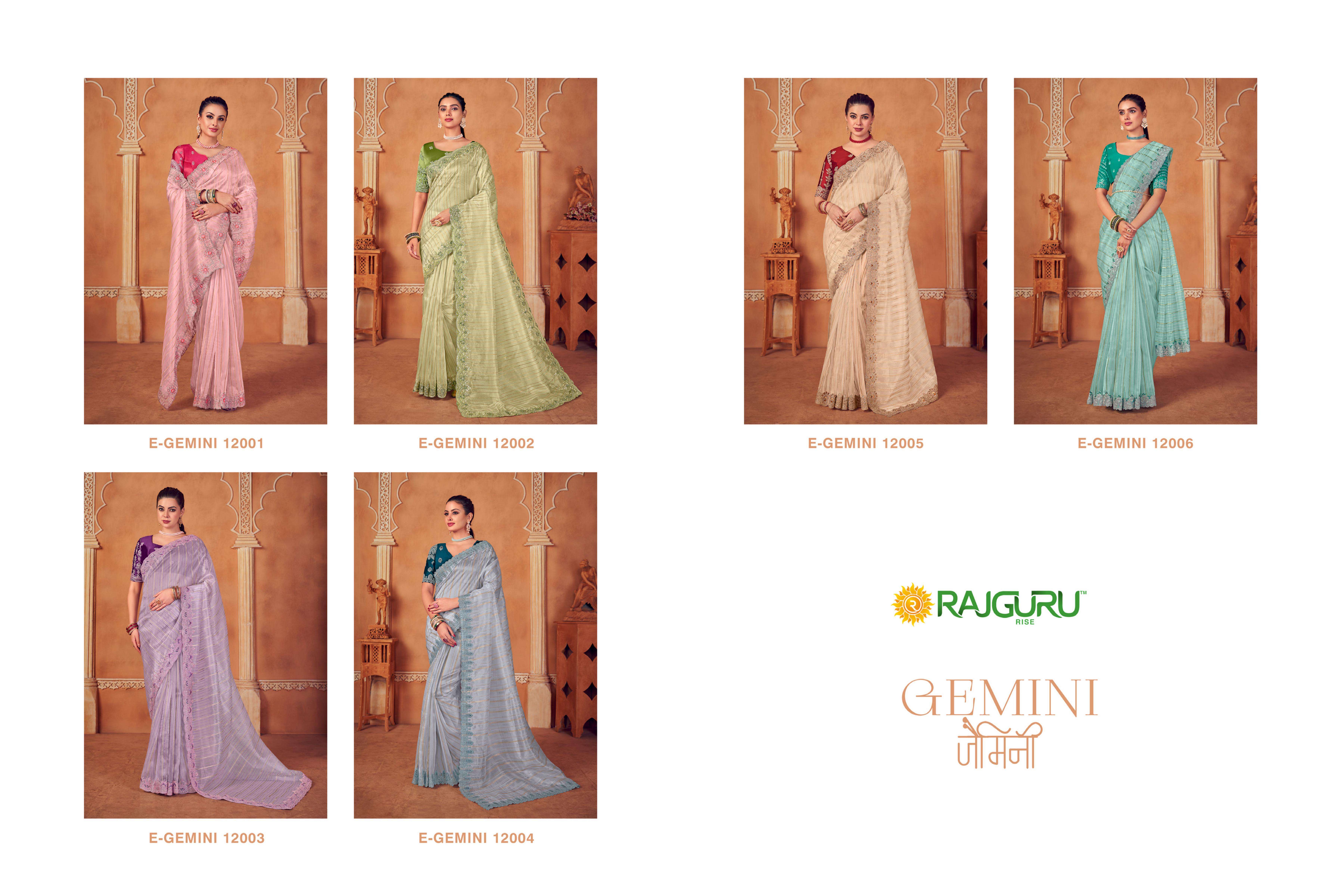 RAJGURU  PRESENTS GEMINI SEQUENCE FUNCTION WEAR FANCY WORK SAREES CATALOG WHOLESALER AND EXPORTER IN SURAT 