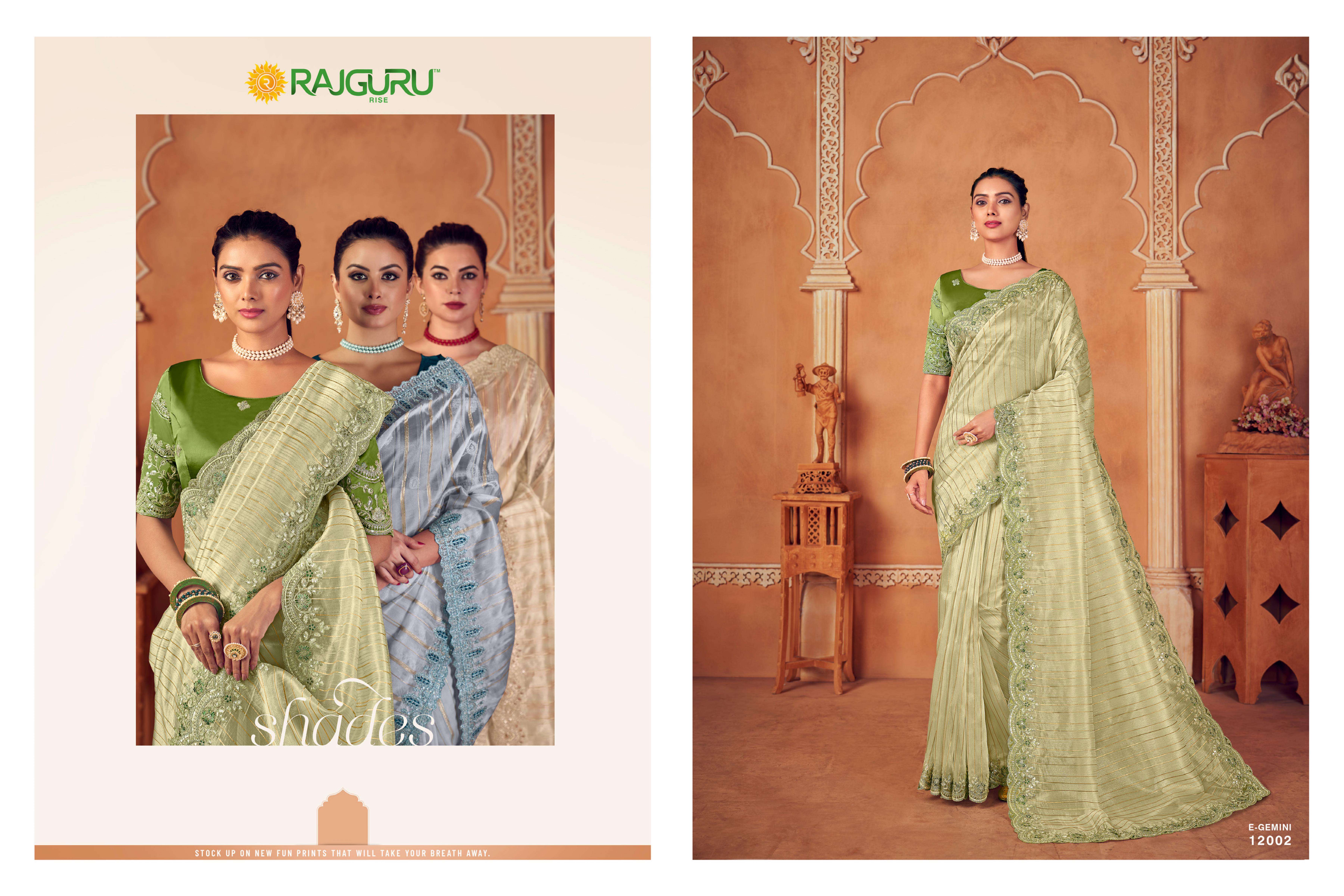 RAJGURU  PRESENTS GEMINI SEQUENCE FUNCTION WEAR FANCY WORK SAREES CATALOG WHOLESALER AND EXPORTER IN SURAT 