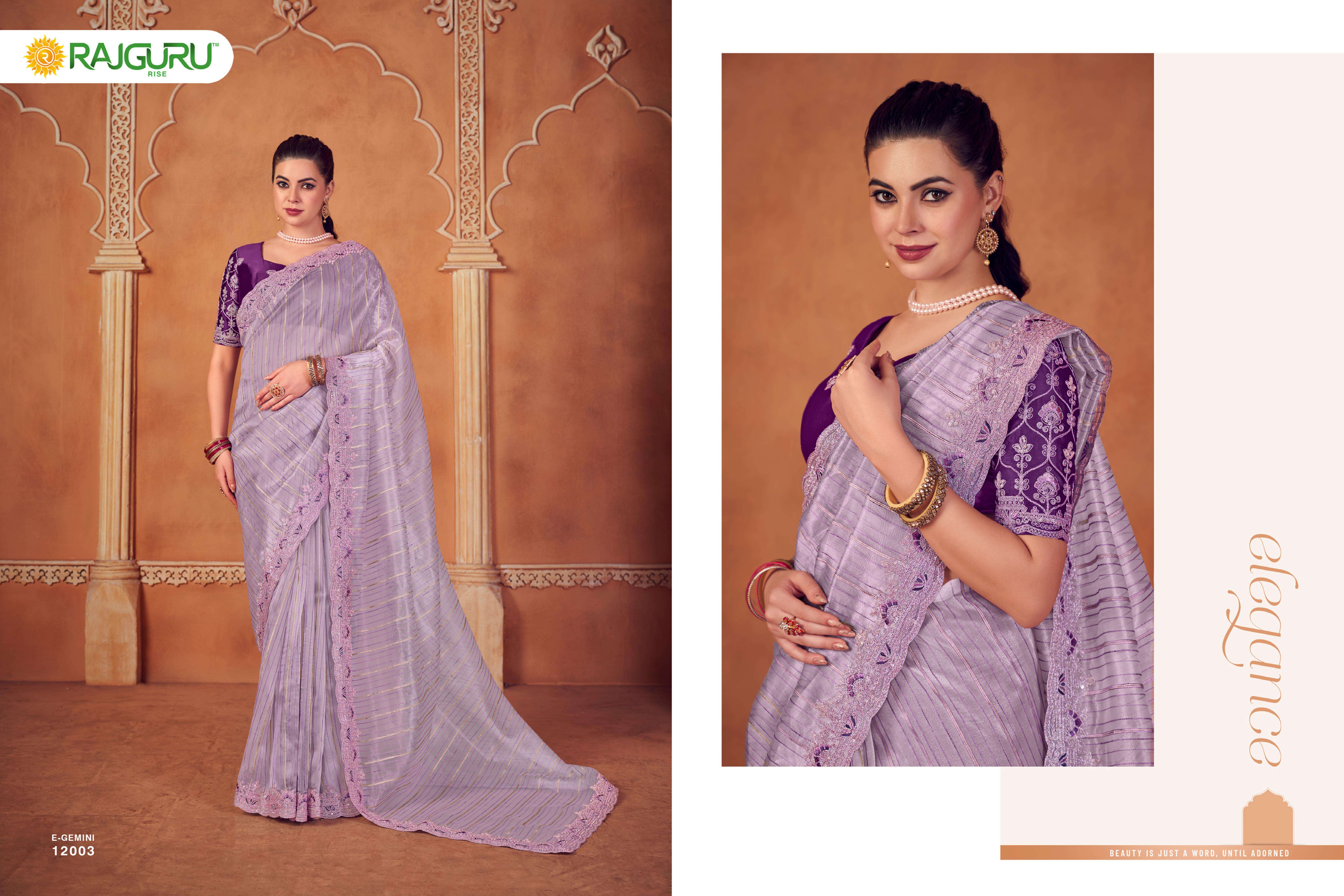 RAJGURU  PRESENTS GEMINI SEQUENCE FUNCTION WEAR FANCY WORK SAREES CATALOG WHOLESALER AND EXPORTER IN SURAT 