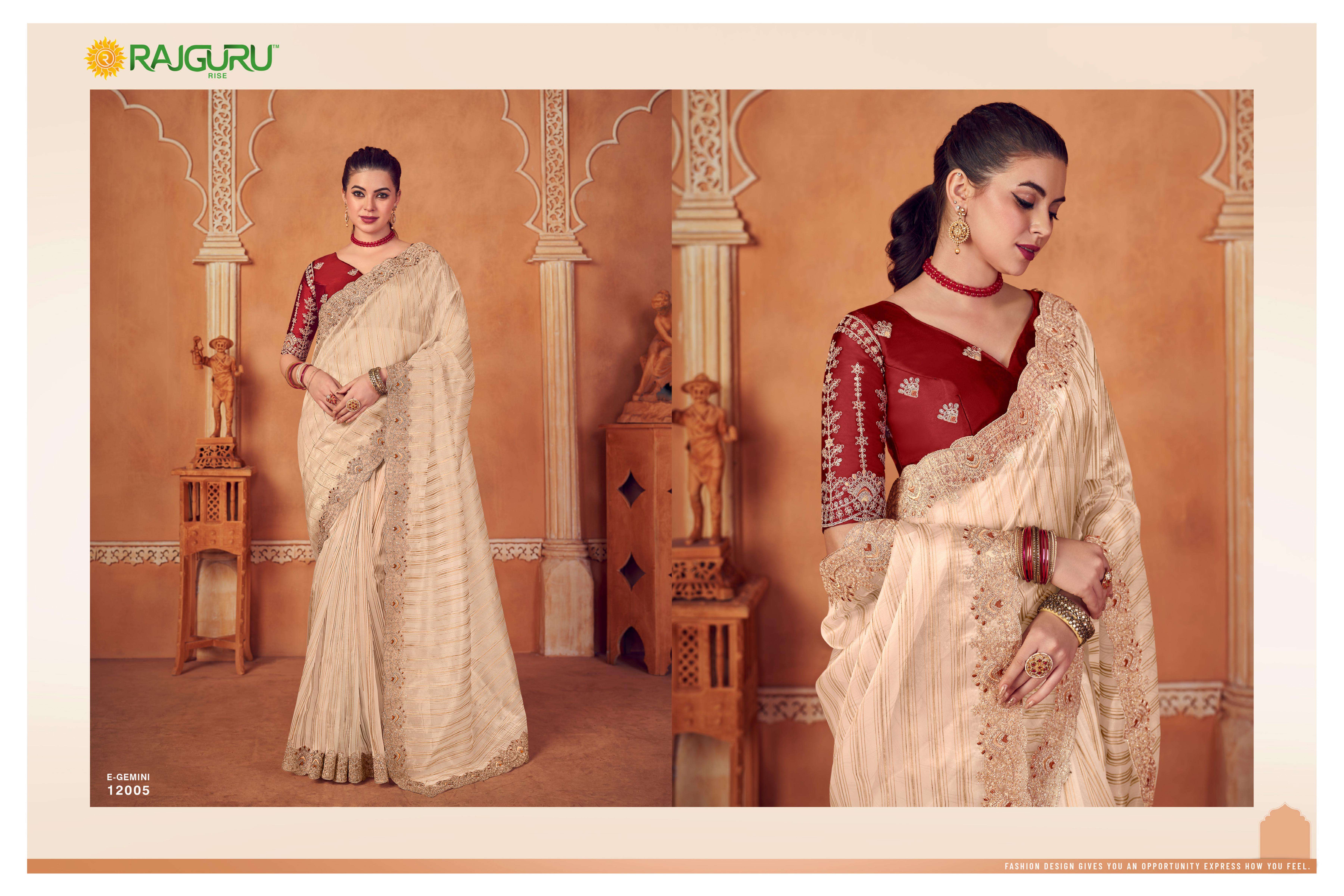RAJGURU  PRESENTS GEMINI SEQUENCE FUNCTION WEAR FANCY WORK SAREES CATALOG WHOLESALER AND EXPORTER IN SURAT 