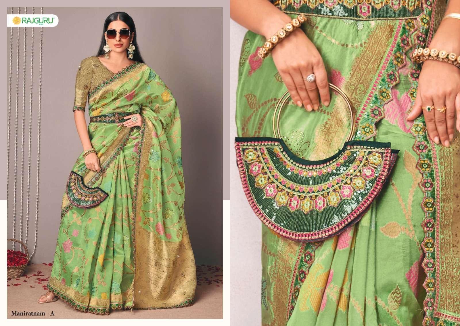RAJGURU PRESENTS MANIRATNAM DESIGNER FANCY SAREES CATALOG WHOLESALER AND EXPORTER IN SURAT 
