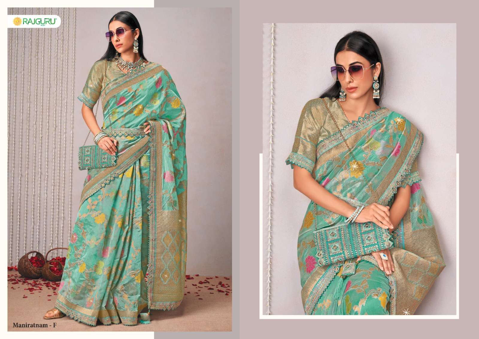RAJGURU PRESENTS MANIRATNAM DESIGNER FANCY SAREES CATALOG WHOLESALER AND EXPORTER IN SURAT 