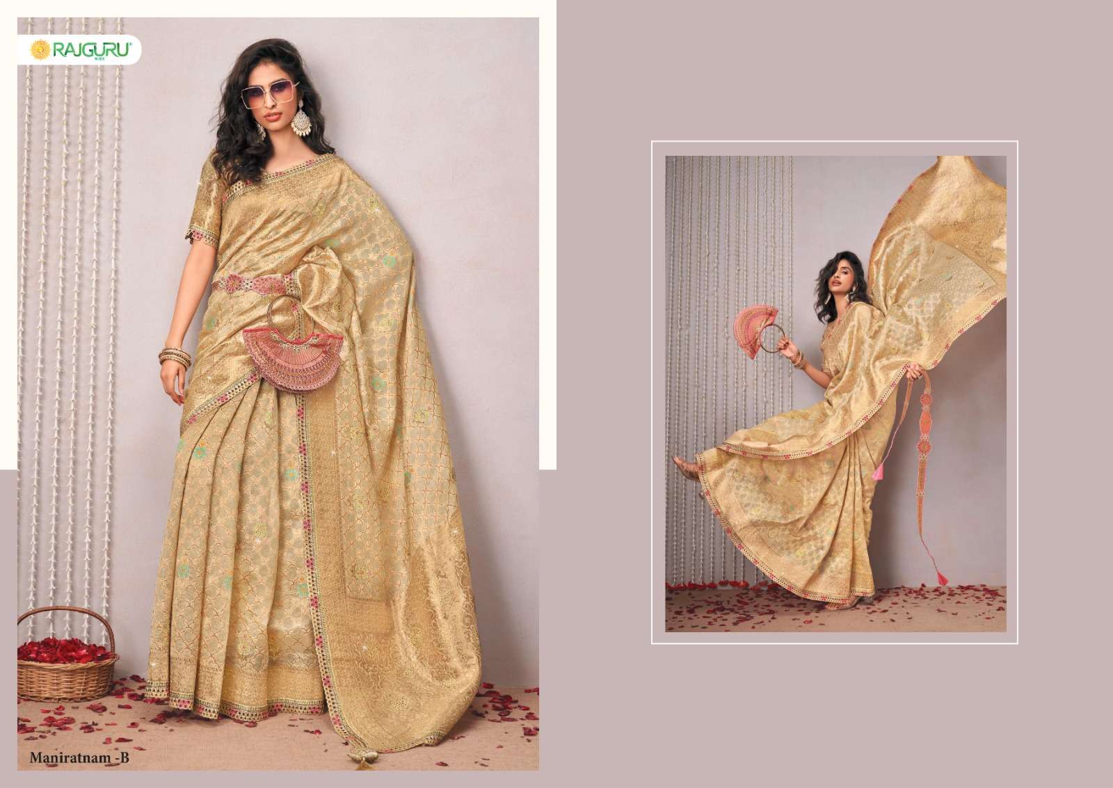 RAJGURU PRESENTS MANIRATNAM DESIGNER FANCY SAREES CATALOG WHOLESALER AND EXPORTER IN SURAT 
