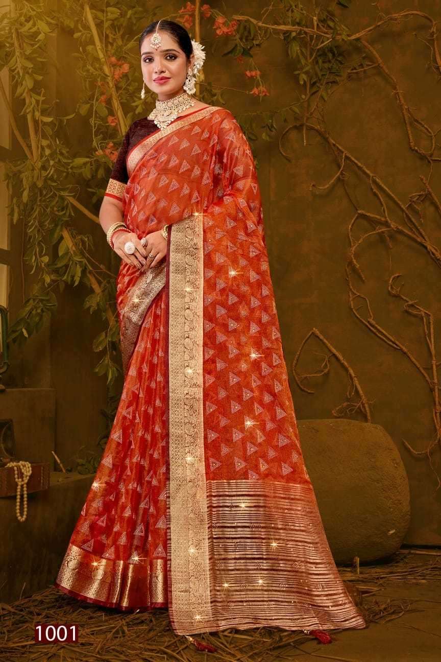 Saroj presents Imperial gold vol-2 organza Swarovski work sarees catalog wholesaler 