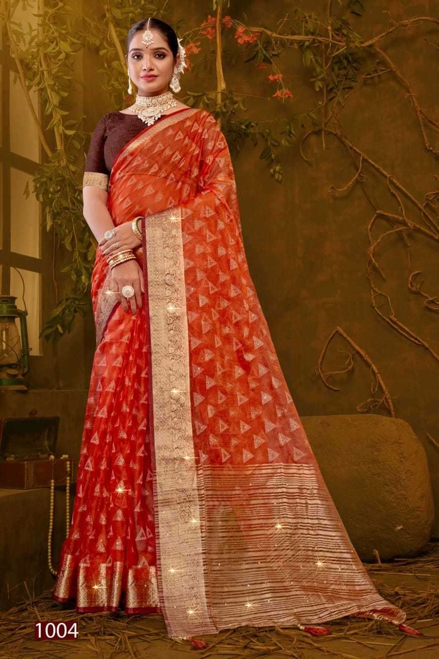 Saroj presents Imperial gold vol-2 organza Swarovski work sarees catalog wholesaler 