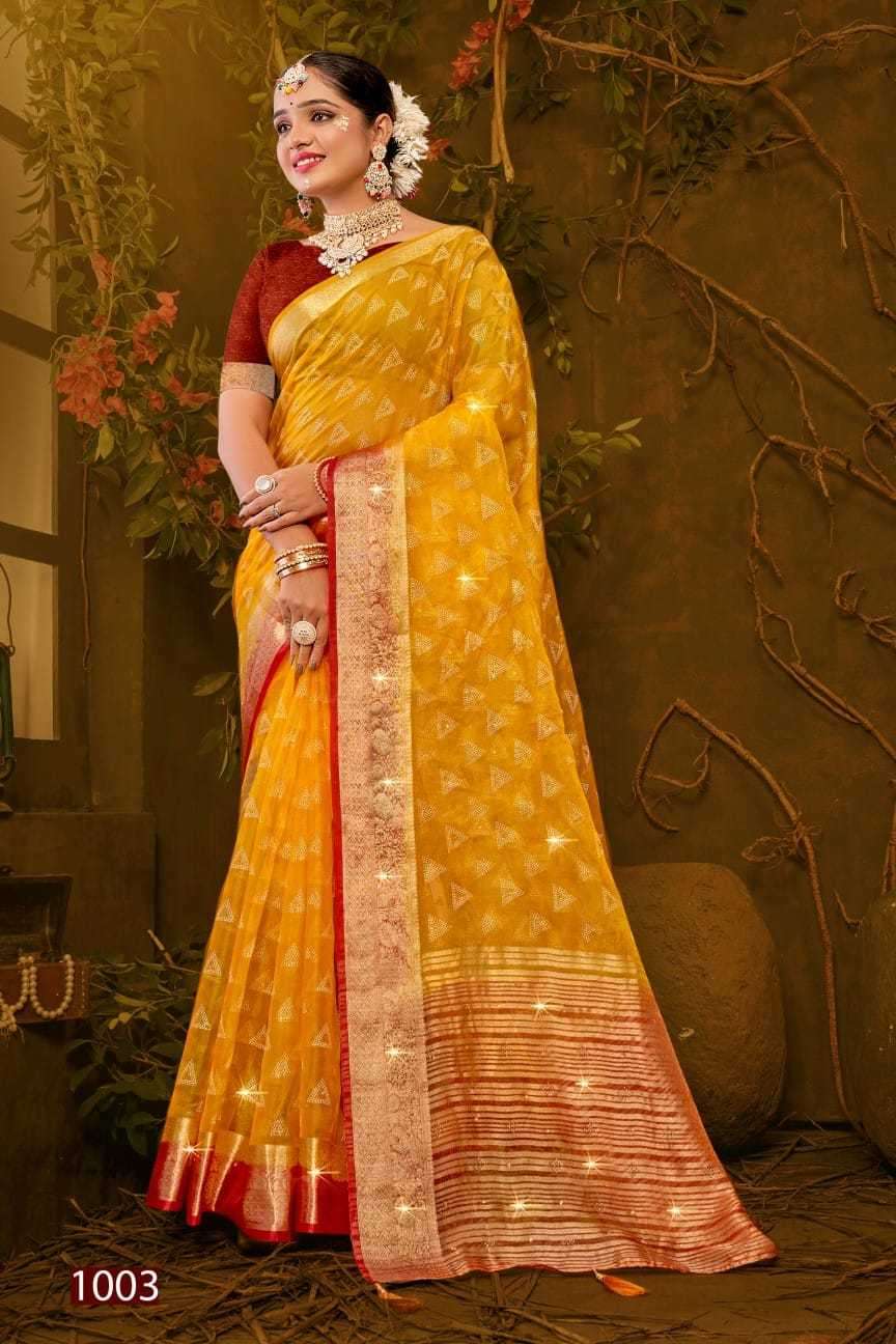 Saroj presents Imperial gold vol-2 organza Swarovski work sarees catalog wholesaler 