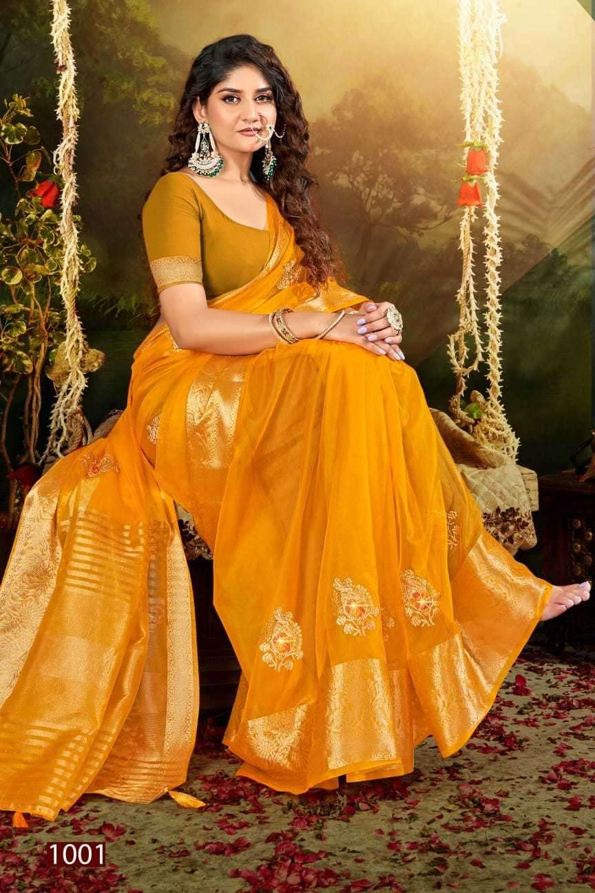 Saroj presents Lailla vol-3 organza embroidery work sarees catalog wholesaler 