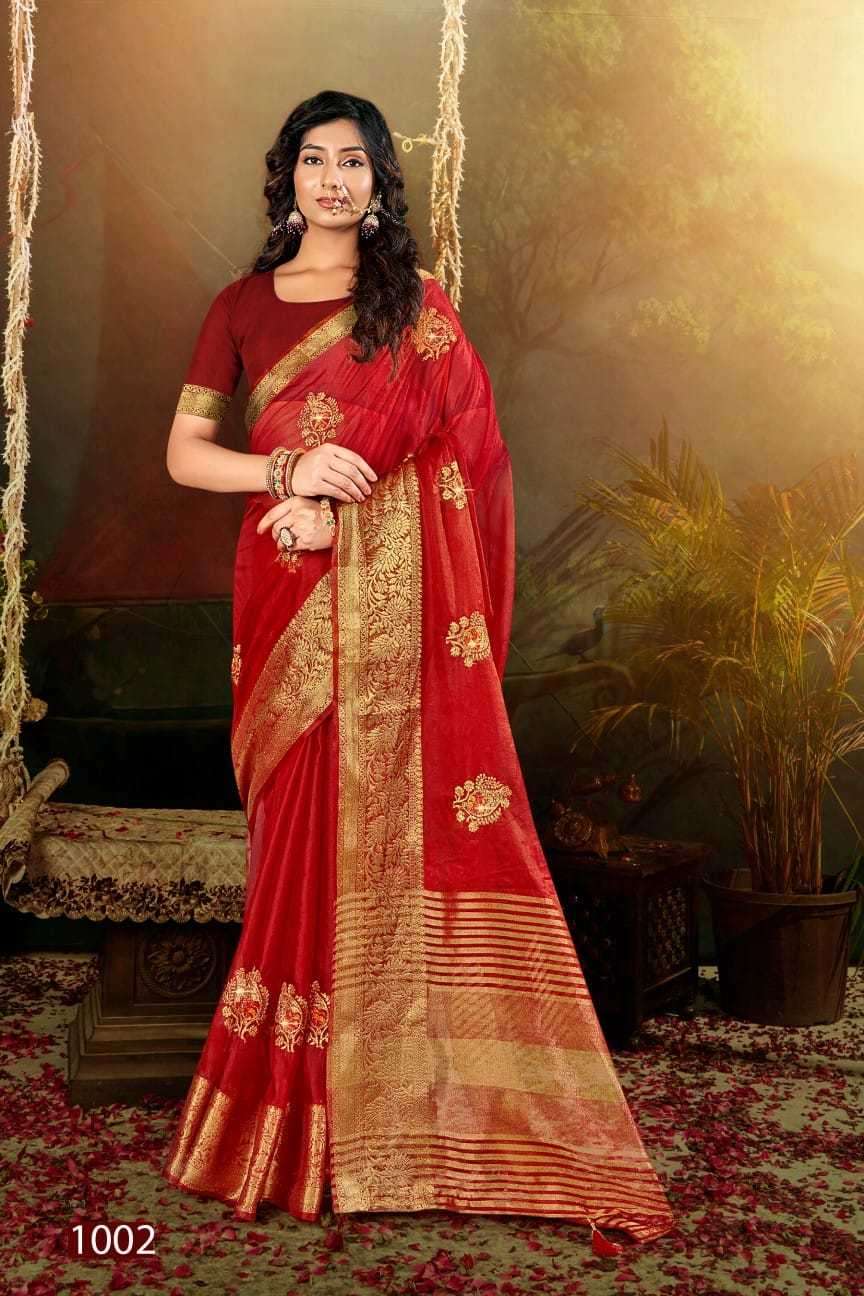 Saroj presents Lailla vol-3 organza embroidery work sarees catalog wholesaler 