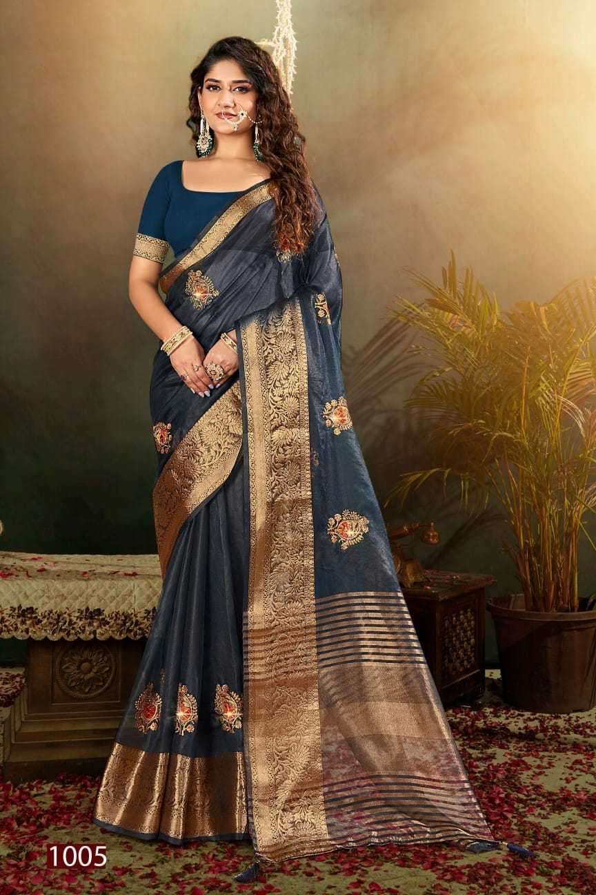 Saroj presents Lailla vol-3 organza embroidery work sarees catalog wholesaler 