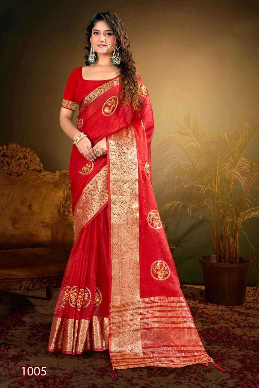 Saroj presents Lailla vol-4 organza embroidery work sarees catalog wholesaler 