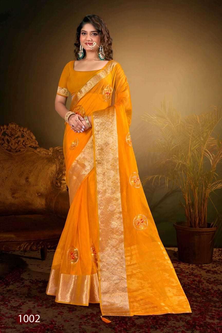 Saroj presents Lailla vol-4 organza embroidery work sarees catalog wholesaler 