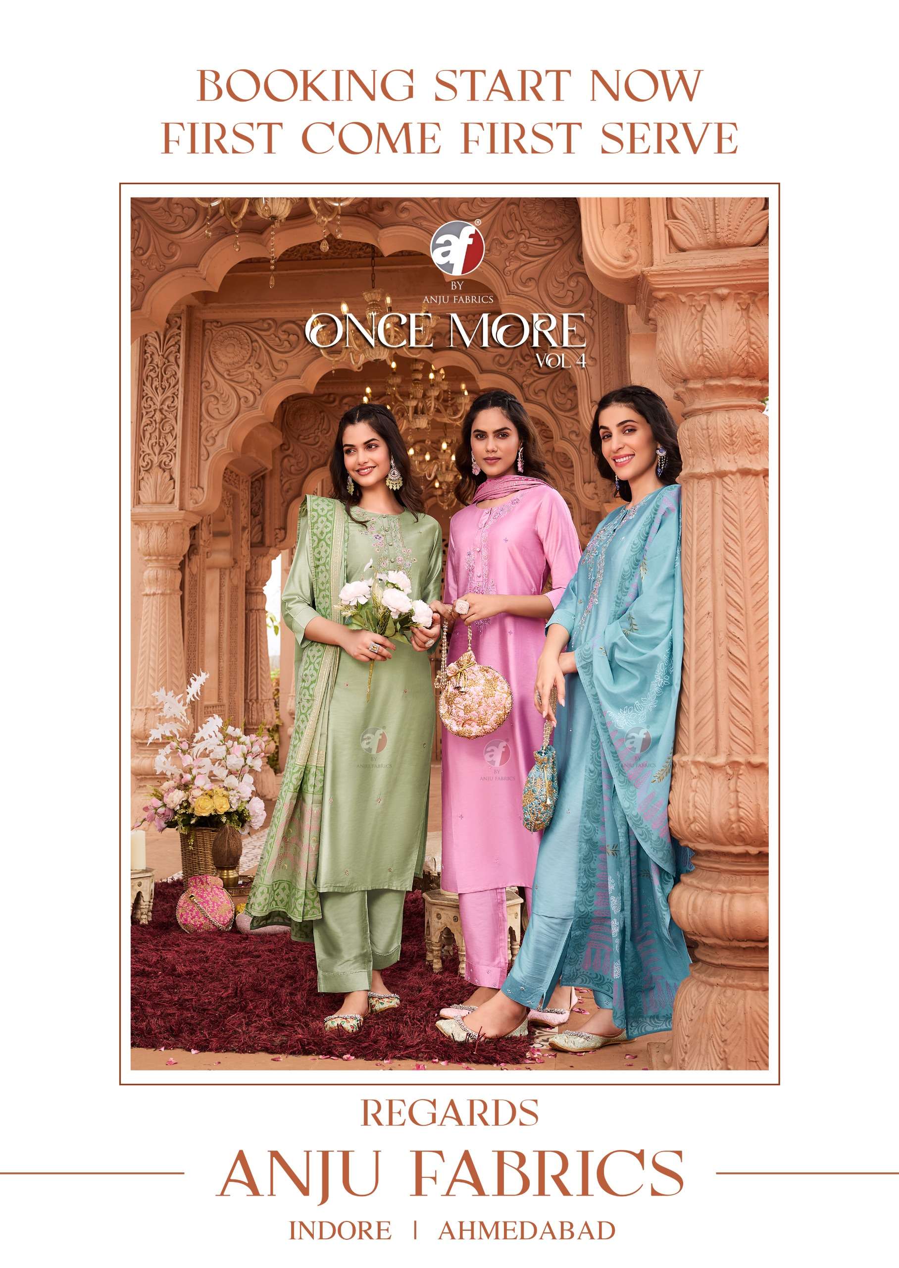 ANJU FAB PRESENTS ONCE MORE VOL-4 FANCY DESIGNER FULLSTITCH KURTI WITH AFGANI PANT AND DUPATTA CATALOG WHOLESALER AND EXPORTER IN SURAT 