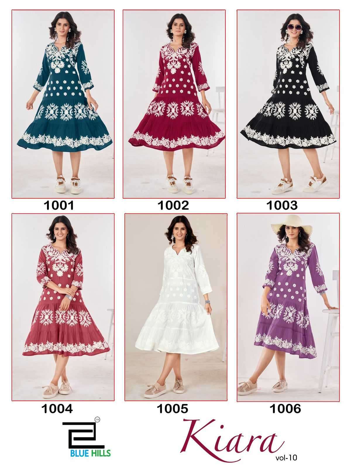 BLUE HILLS PRESENTS KIARA VOL-10 RAYON LUCKNOWI WORK FULL STITCH BIG SIZE STYLISH OUTFIT LONG KURTIS CATALOG WHOLESALER AND EXPORTER IN SURAT
