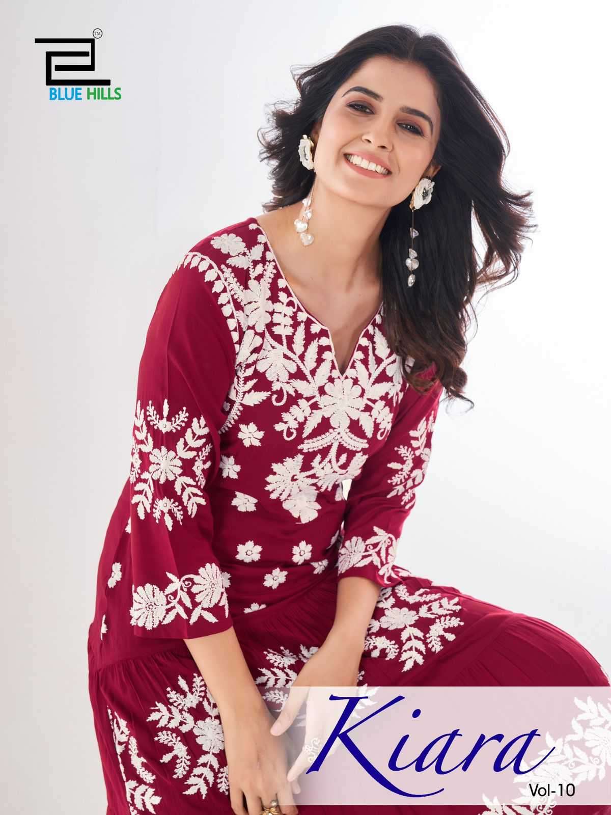 BLUE HILLS PRESENTS KIARA VOL-10 RAYON LUCKNOWI WORK FULL STITCH BIG SIZE STYLISH OUTFIT LONG KURTIS CATALOG WHOLESALER AND EXPORTER IN SURAT