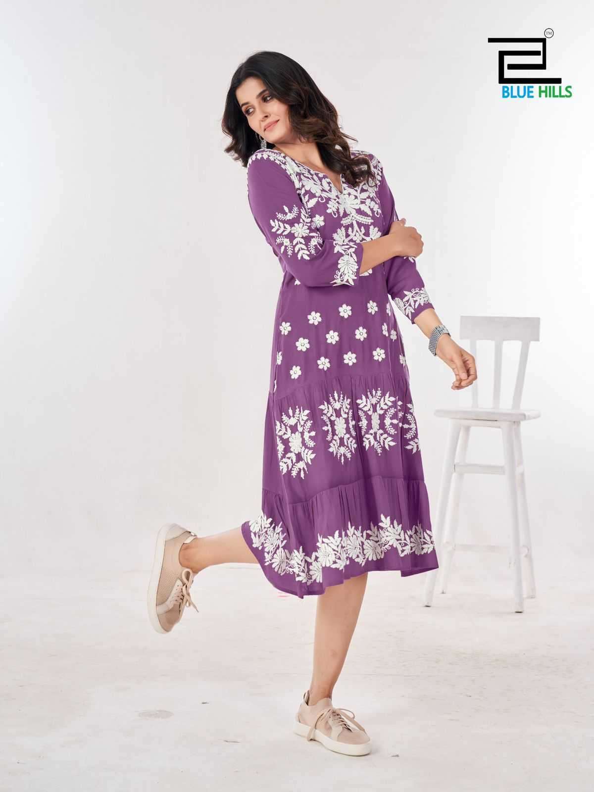 BLUE HILLS PRESENTS KIARA VOL-10 RAYON LUCKNOWI WORK FULL STITCH BIG SIZE STYLISH OUTFIT LONG KURTIS CATALOG WHOLESALER AND EXPORTER IN SURAT