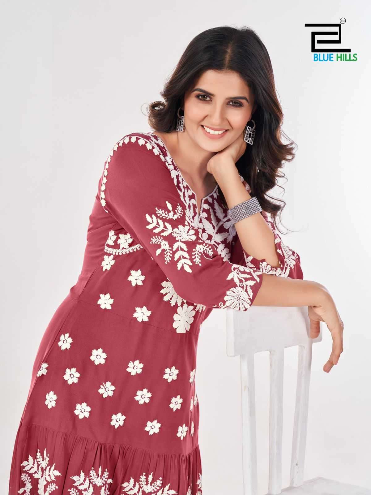 BLUE HILLS PRESENTS KIARA VOL-10 RAYON LUCKNOWI WORK FULL STITCH BIG SIZE STYLISH OUTFIT LONG KURTIS CATALOG WHOLESALER AND EXPORTER IN SURAT