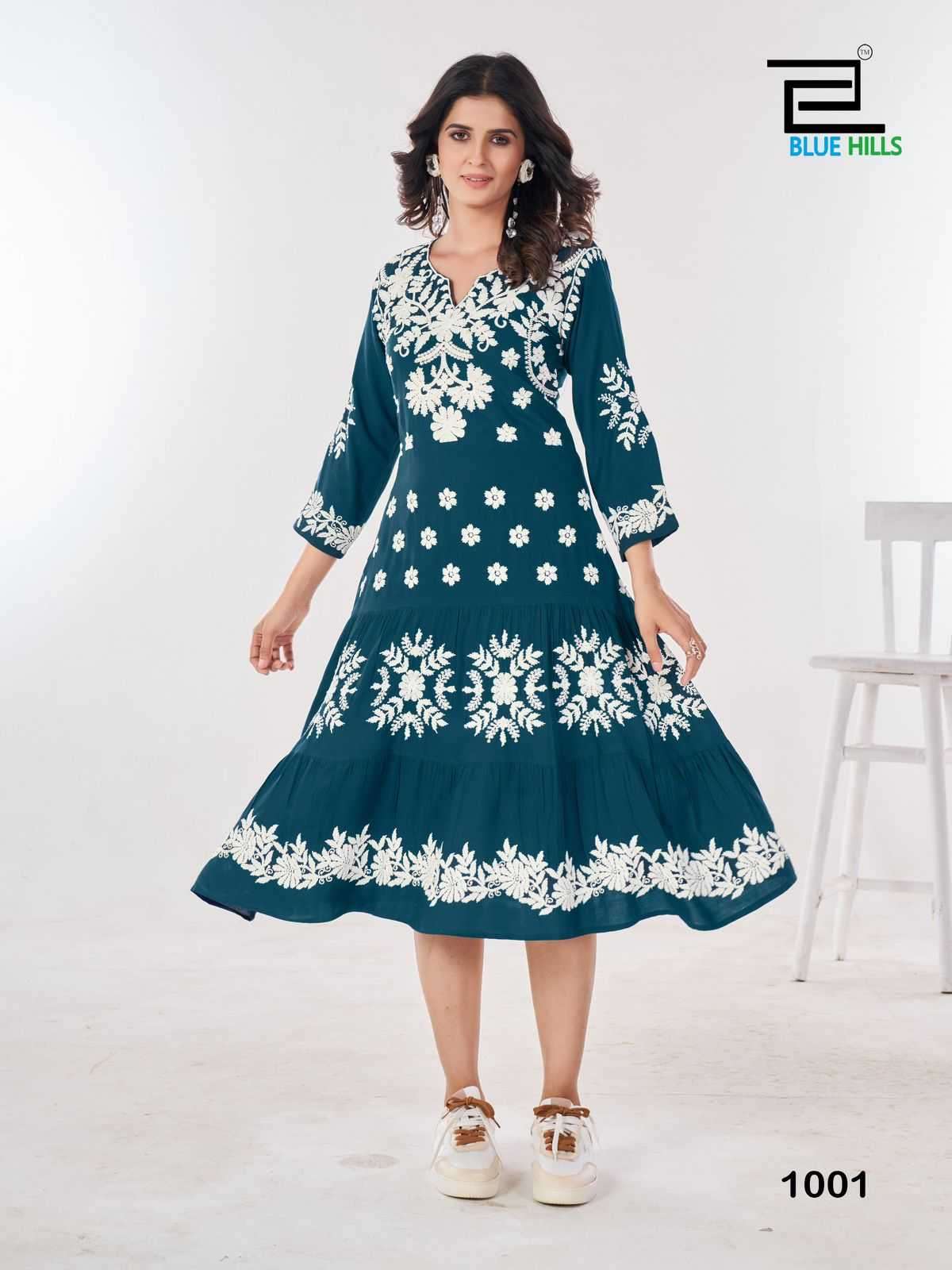BLUE HILLS PRESENTS KIARA VOL-10 RAYON LUCKNOWI WORK FULL STITCH BIG SIZE STYLISH OUTFIT LONG KURTIS CATALOG WHOLESALER AND EXPORTER IN SURAT